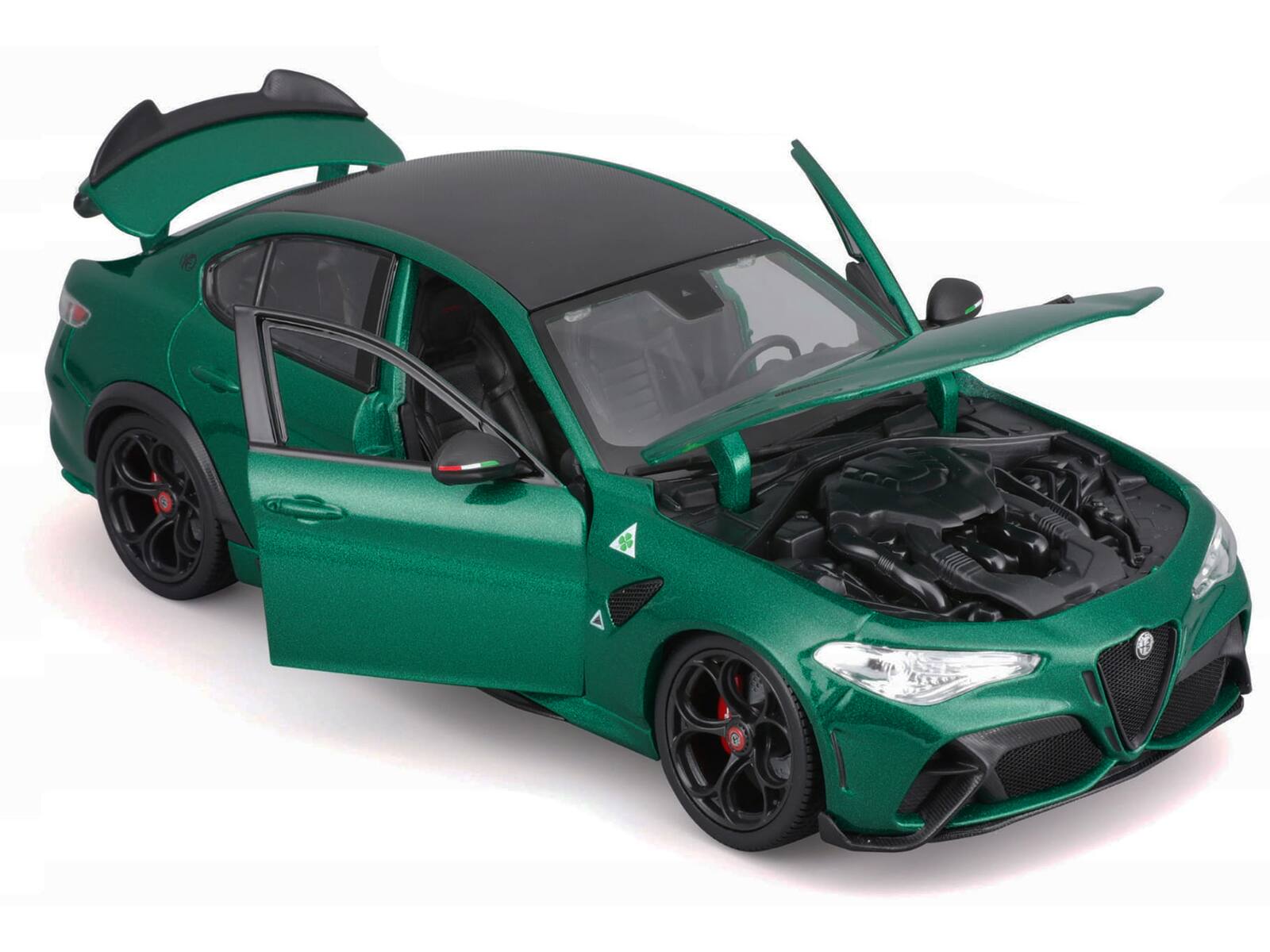 Angle. Bburago - Alfa Romeo Giulia GTA Green Metallic with Carbon Top 1/18 Diecast Model Car by Bburago - Green.