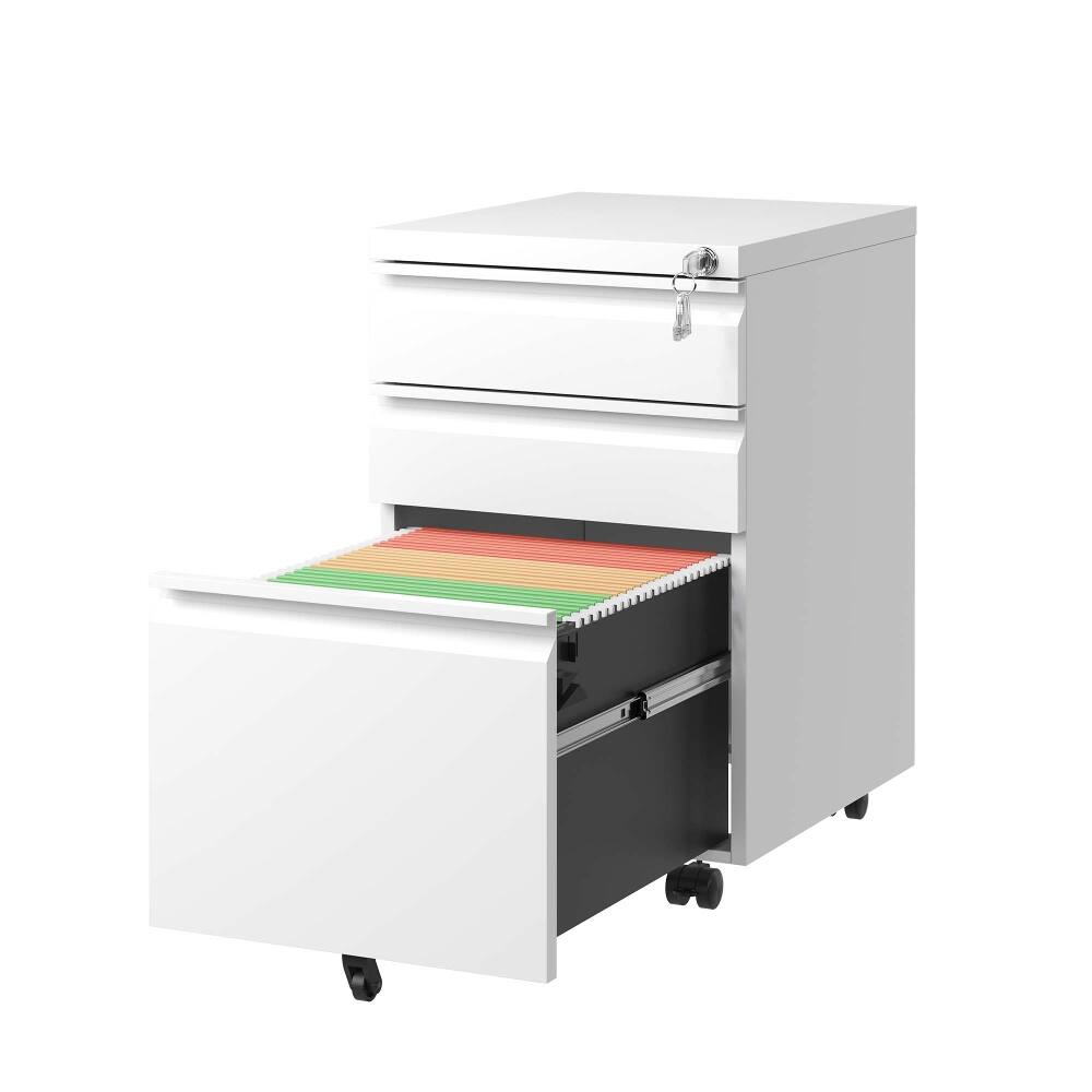 Back. Loheer - Loheer 3 Drawer Mobile File Cabinet with Lock White Metal Filing Cabinet for Letter Legal A4 Home Office.