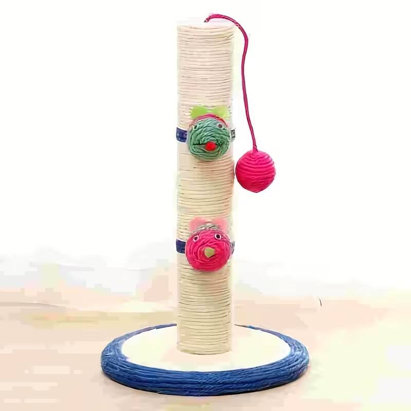 Front. Oumilen - Sisal Cat Scratching Post with Hanging Pom-Pom Ball & Cartoon Mouse Toys, 16 in Height for Indoor Cats Claw Sharpener - White.