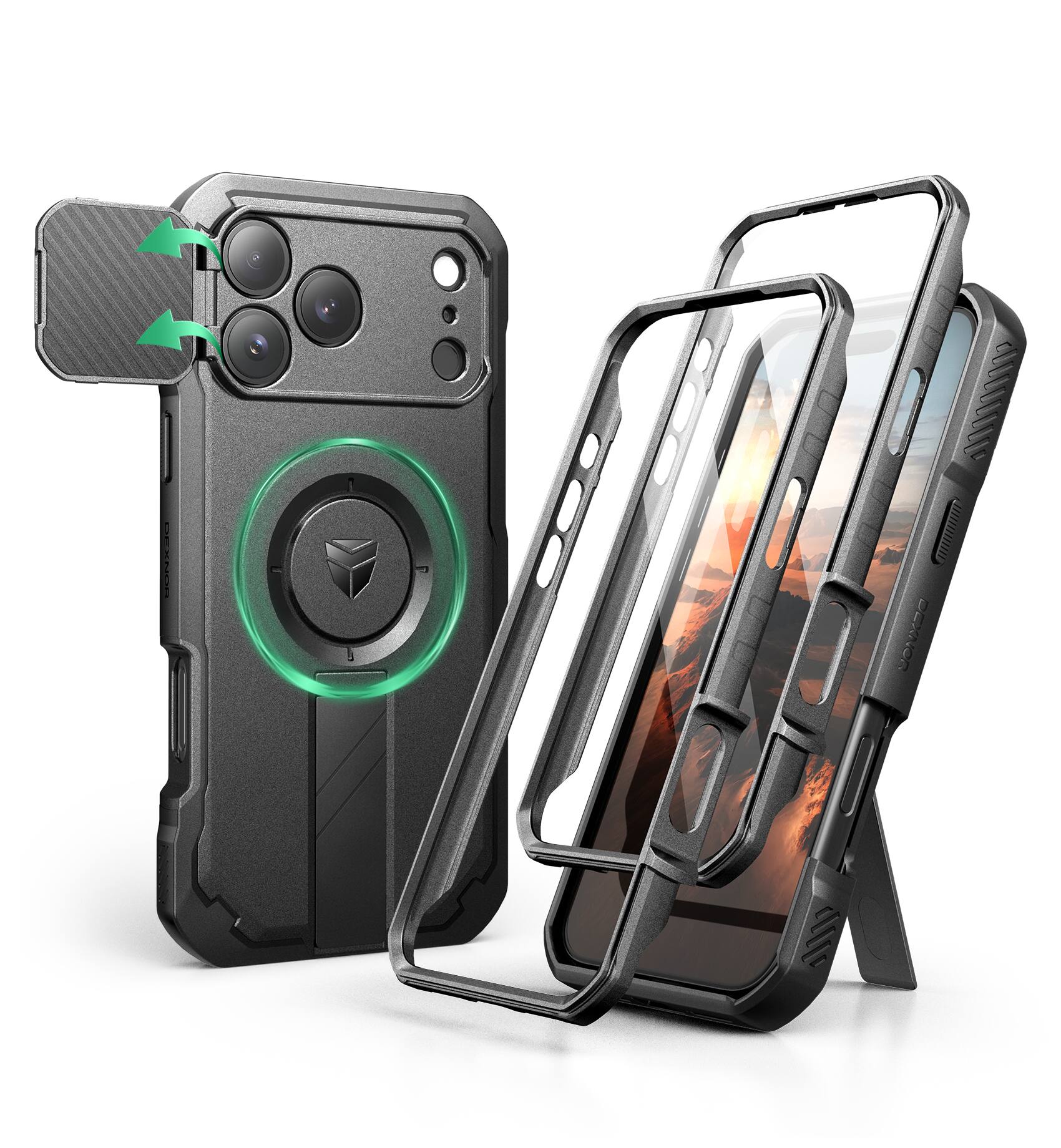 Angle. dexnor - Dexnor iPhone 17 Pro Max Case: 2 Front Frames, Flip Cam Cover, Kickstand, Mag,Screen Protector, 6.9in Black - Black.