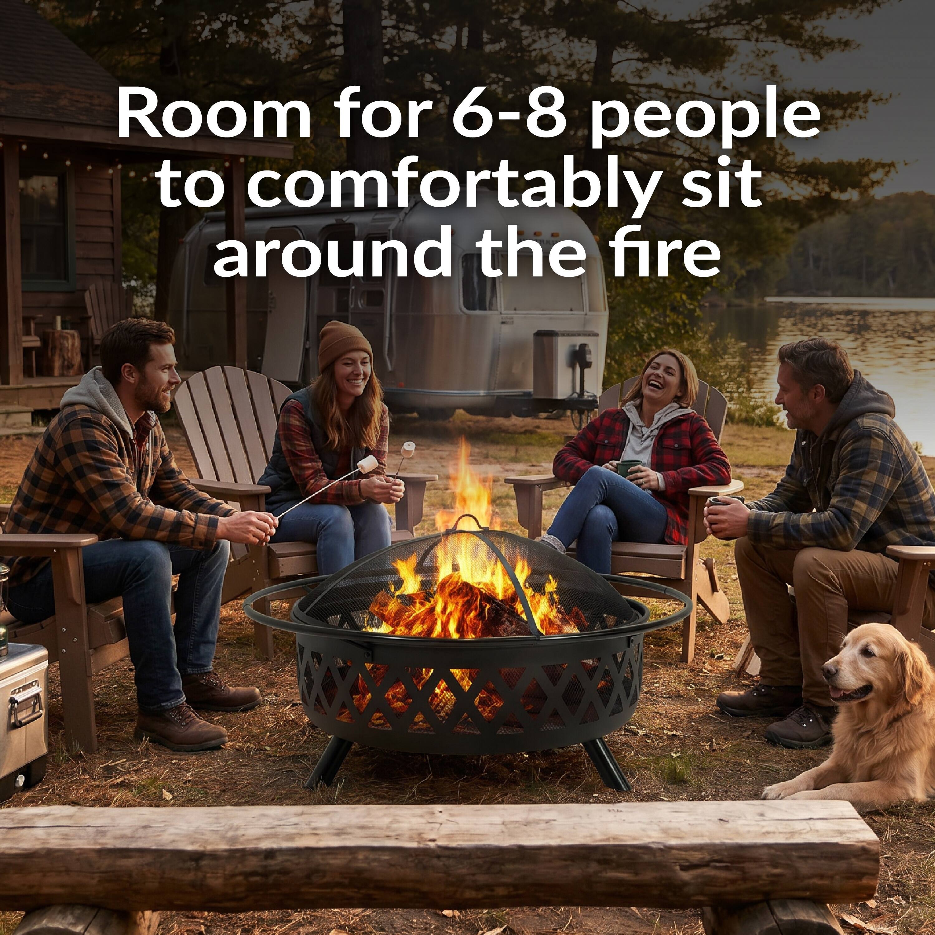 Room for 6-8 people to comfortably sit around the fire