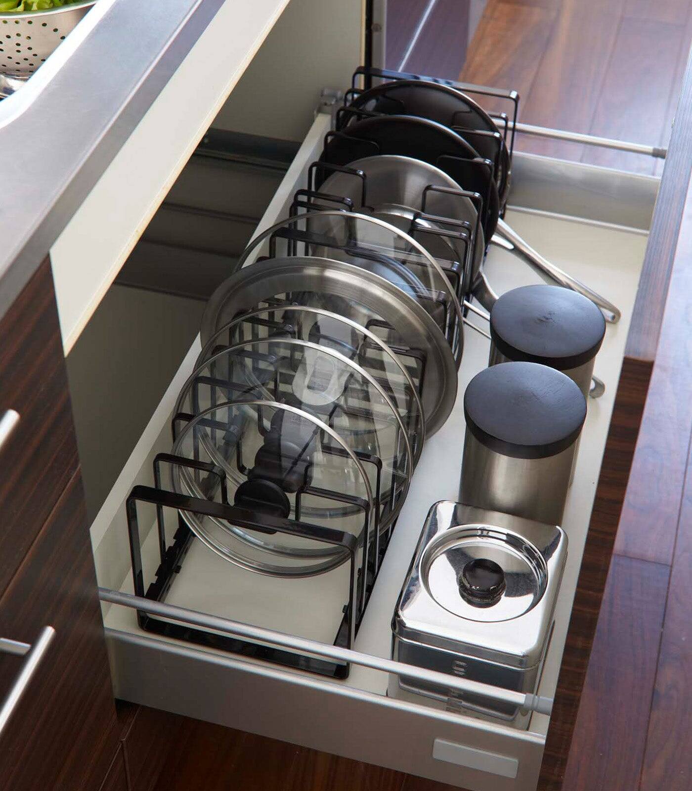 Alt View 3. Yamazaki Home - Adjustable Pot Lid and Frying Pan Organizer - Steel - White.