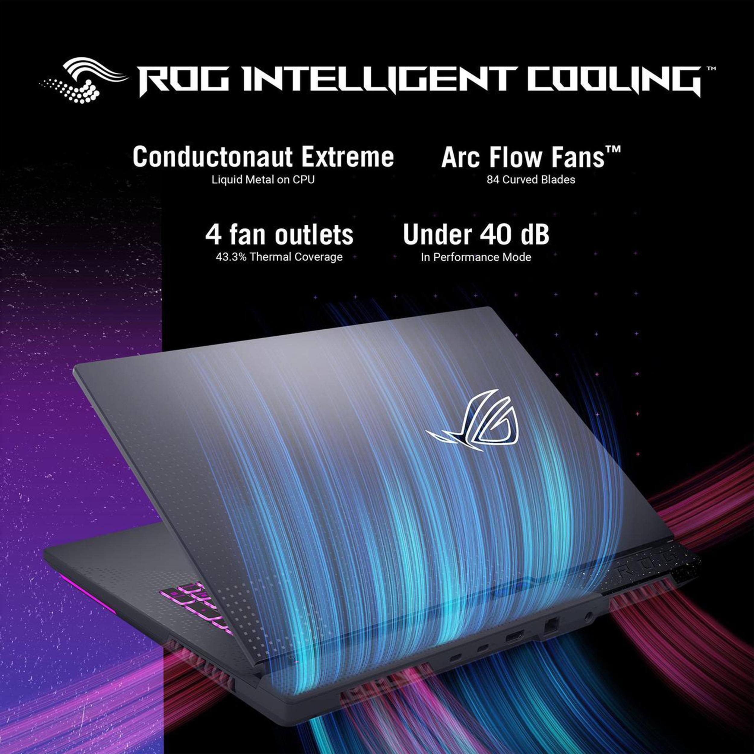 ROG INTELLIGENT COOLING

Conductonaut Extreme  
Liquid Metal on CPU

Arc Flow Fans™  
84 Curved Blades

4 fan outlets  
43.3% Thermal Coverage

Under 40 dB  
In Performance Mode