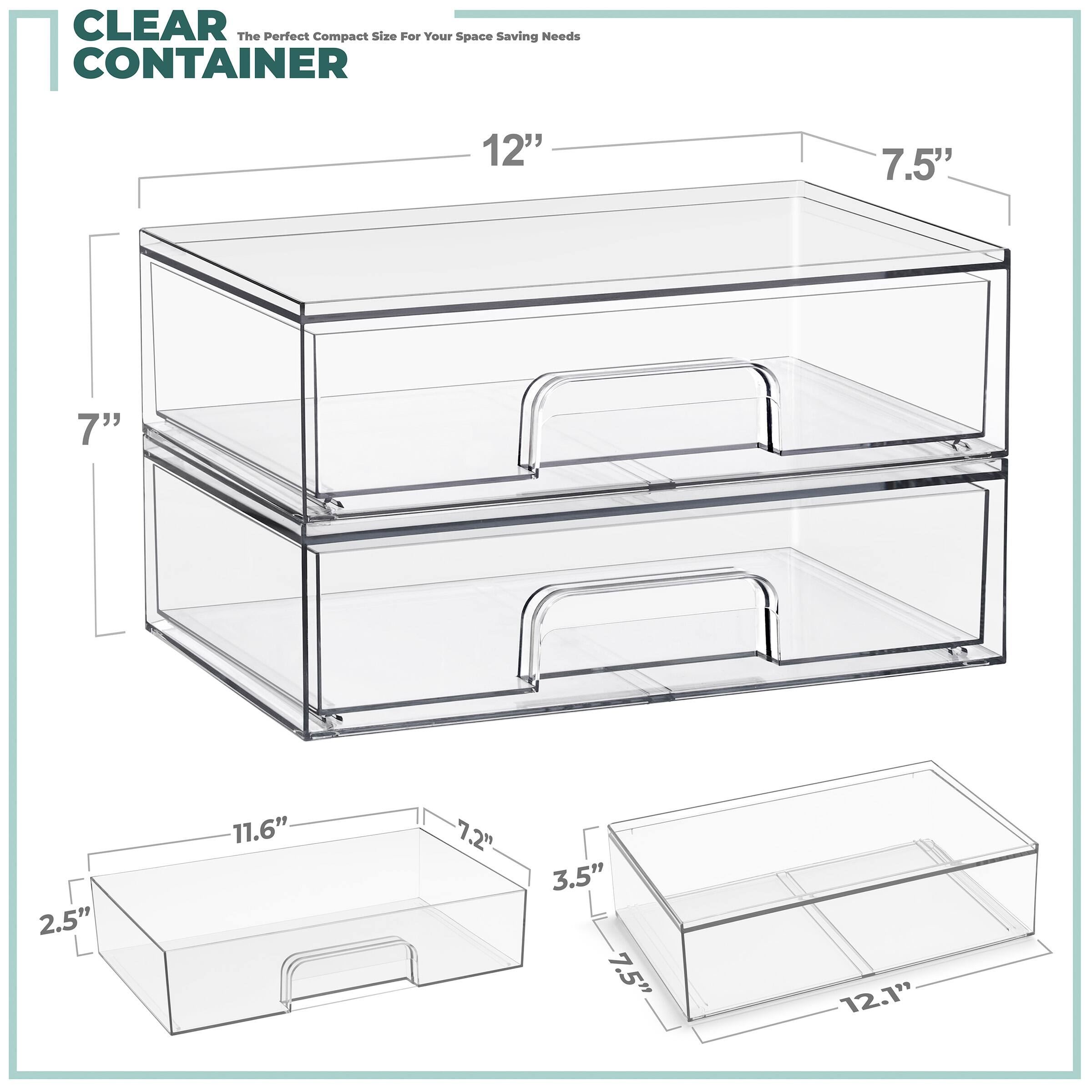 CLEAR CONTAINER  
The Perfect Compact Size For Your Space Saving Needs  

12" x 7.5" x 7" x 2.5"  
11.6" x 7.2" x 3.5" x 7.5"  
12.1"