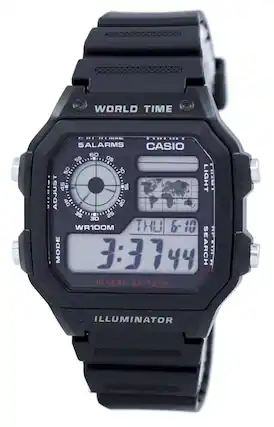 WORLD TIME
SALARMS
CASIO
LIGHT
ADJUST
WR100M
THU 6-10
MODE 3:37 44
SEARCH
10 YEAR BATTERY
ILLUMINATOR