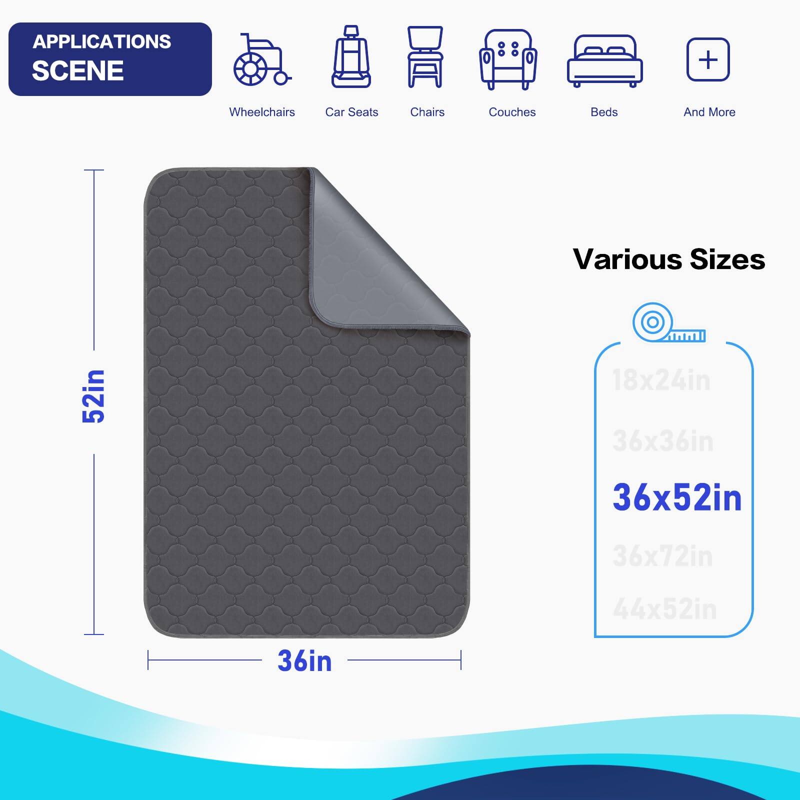 **APPLICATIONS SCENE**

- Wheelchairs
- Car Seats
- Chairs
- Couches
- Beds
- And More

**Various Sizes**

- 18x24in
- 36x36in
- 36x52in
- 36x72in
- 44x52in

**Dimensions**

- 52in (height)
- 36in (width)