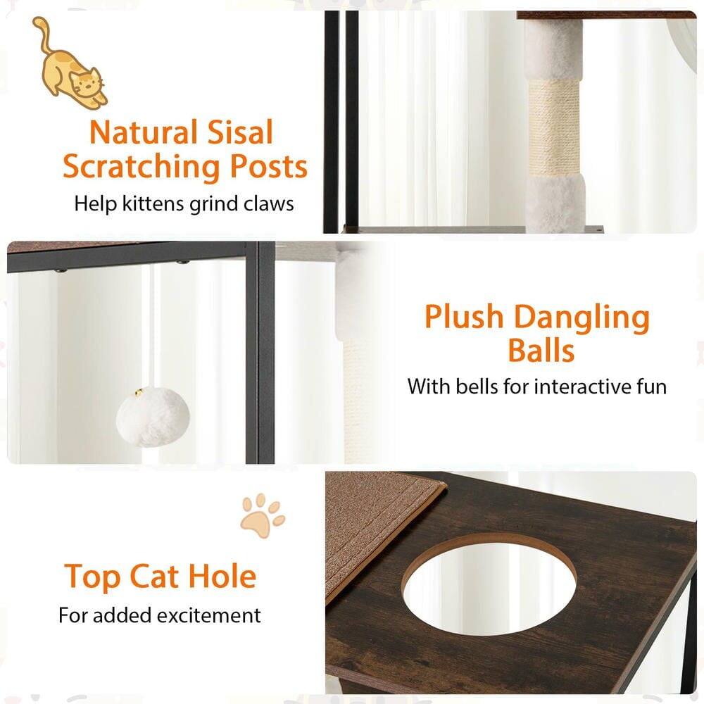 Natural Sisal Scratching Posts  
Help kittens grind claws  

Plush Dangling Balls  
With bells for interactive fun  

Top Cat Hole  
For added excitement