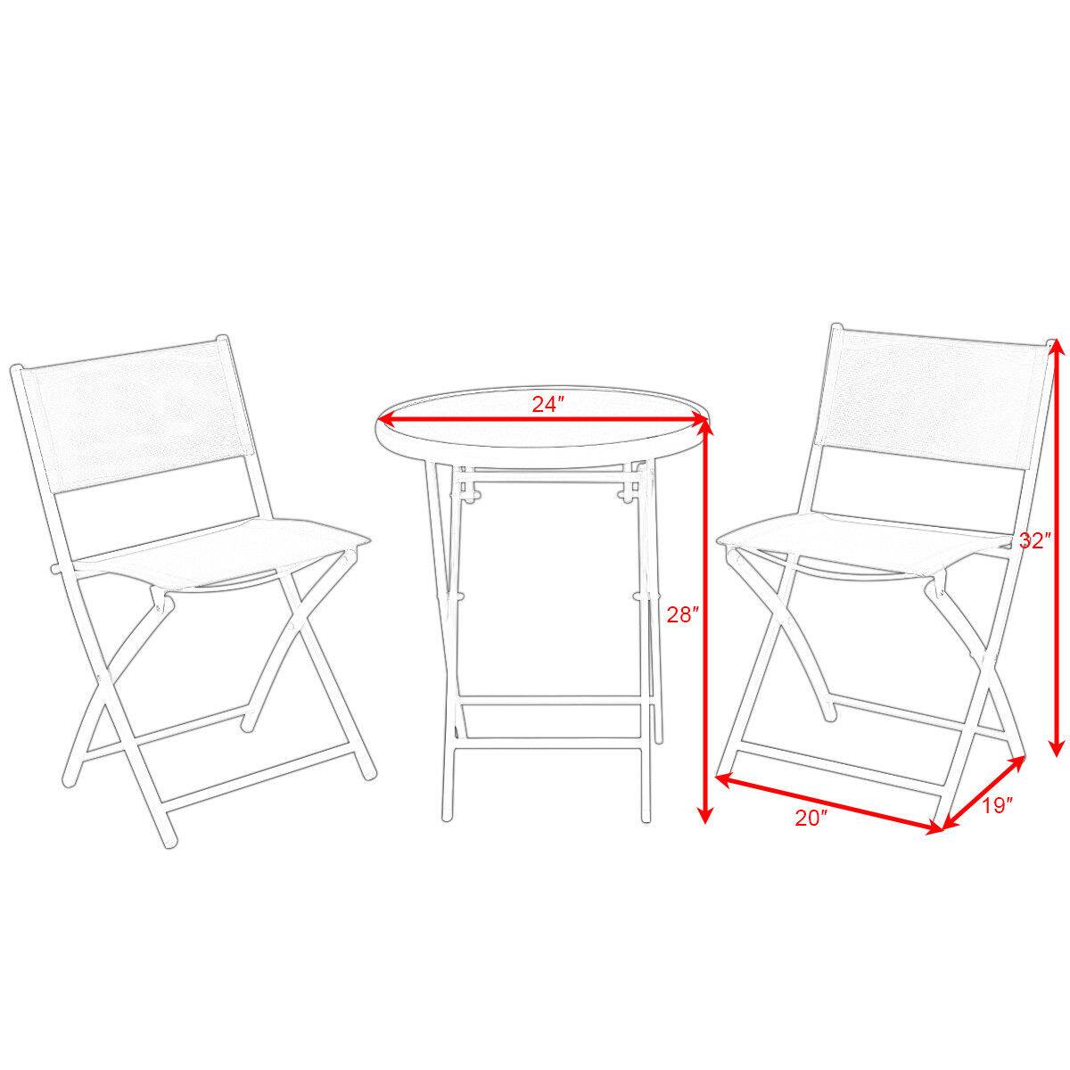 The text on the image is grouped as follows:

- Table: 24"
- Chair: 28"
- Chair: 32"
- Chair: 20"
- Chair: 19"