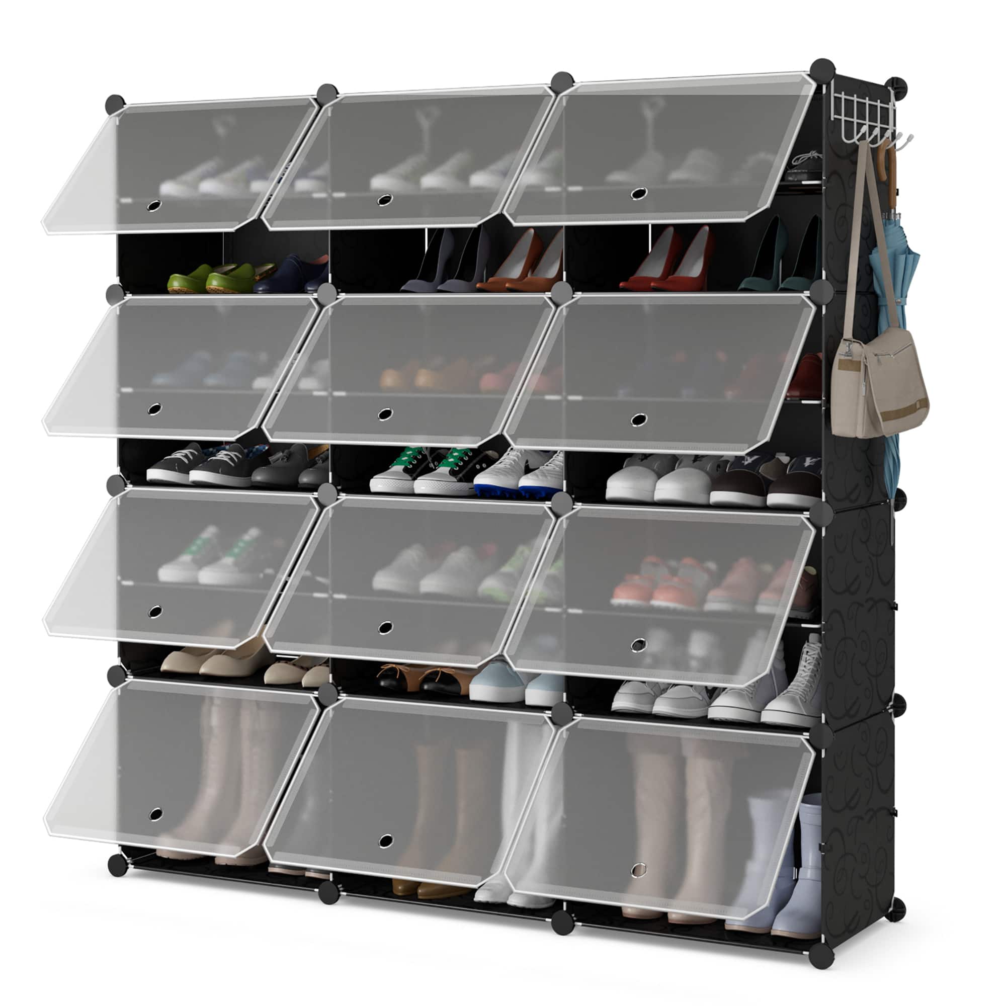 Front. Costway - Portable Shoe Rack Organizer 12-Cube 48 Pair Shoe Shelf Storage Cabinet w/Hook - Black/Translucent.