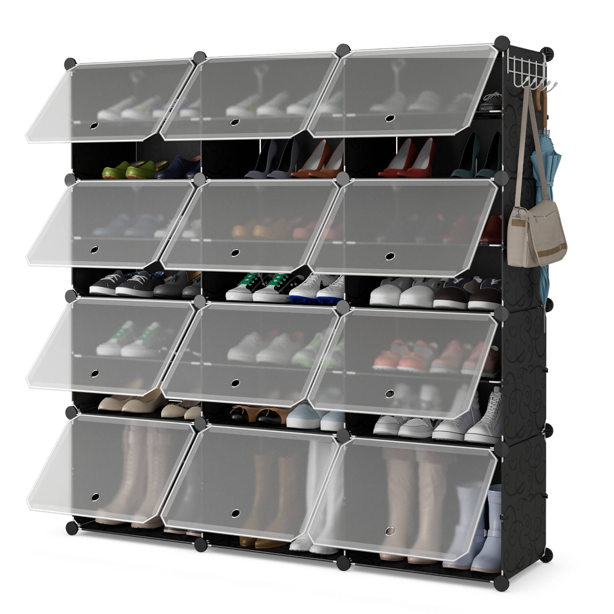 Costway - Portable Shoe Rack Organizer 12-Cube 48 Pair Shoe Shelf Storage Cabinet w/Hook - Black/Translucent