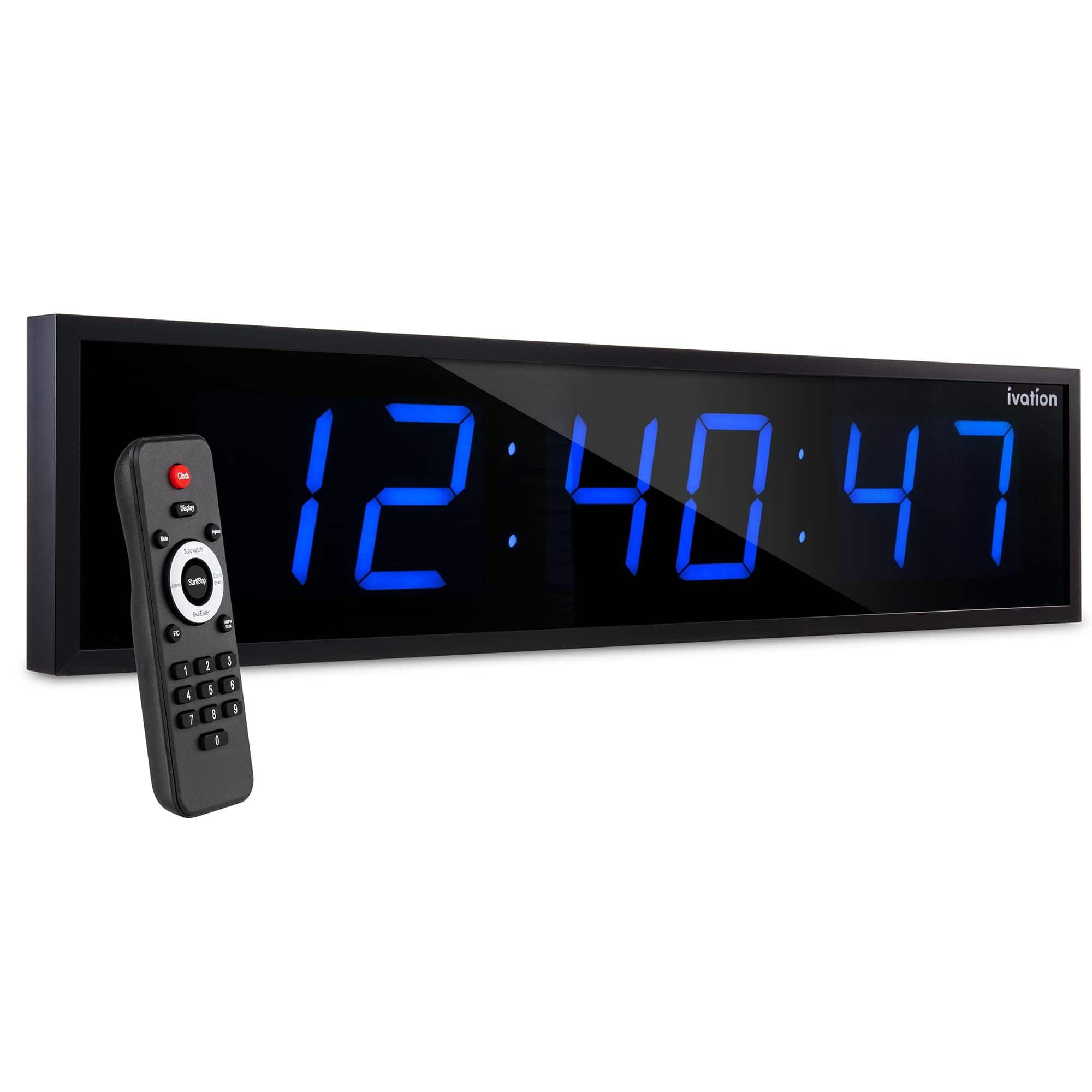 Ivation - Large Digital Clock, 48" Led Wall Clock with Stopwatch, Alarms, Timer, Temp & Remote - Blue