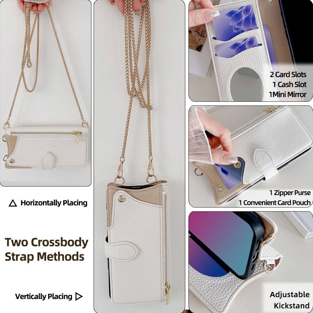 2 Card Slots  
1 Cash Slot  
1 Mini Mirror  
Horizontally Placing  
Two Crossbody Strap Methods  
Vertically Placing  
1 Zipper Purse  
1 Convenient Card Pouch  
Adjustable Kickstand