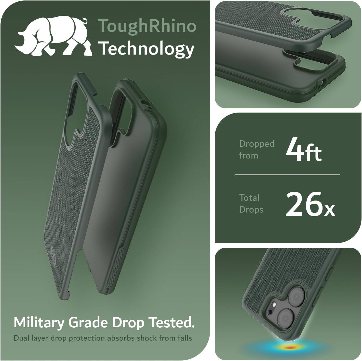 ToughRhino Technology

Dropped from 4ft  
Total Drops 26x

Military Grade Drop Tested.  
Dual layer drop protection absorbs shock from falls