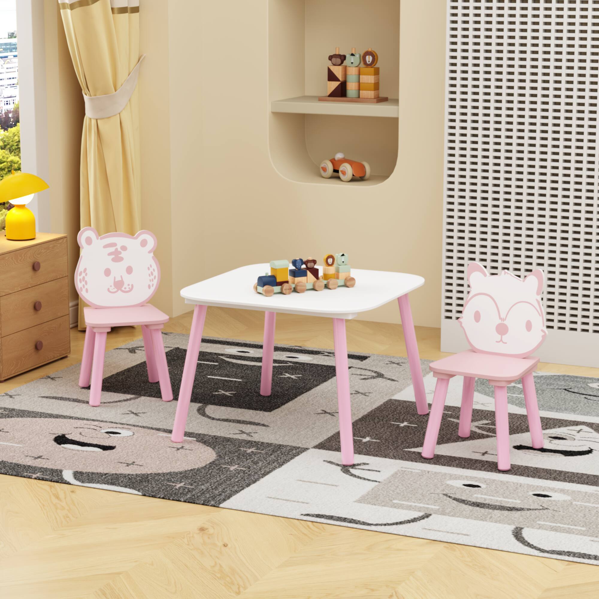 Left. Tiramisubest - Kids Table and Chair Set,3-Piece Wooden Toddler Desk with Animal Backrest,Activity Table for Playroom (Pink & White) - Pink+White.