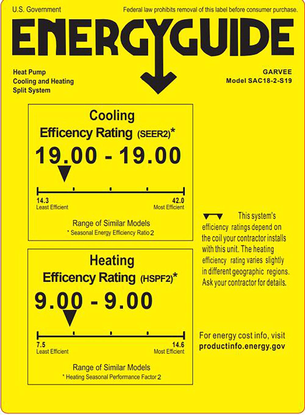 U.S. Government  
Federal law prohibits removal of this label before consumer purchase.  

ENERGYGUIDE  
Heat Pump Cooling and Heating Split System  

GARVEE  
Model SAC18-2-S19  

Cooling Efficiency Rating (SEER2)*  
19.00 - 19.00  
14.3 Least Efficient  
42.0 Most Efficient  
Range of Similar Models  
*Seasonal Energy Efficiency Ratio 2  

Heating Efficiency Rating (HSPF2)*  
9.00 - 9.00  
7.5 Least Efficient  
14.6 Most Efficient  
Range of Similar Models  
*Heating Seasonal Performance Factor 2  

This system's efficiency ratings depend on the coil your contractor installs with this unit. The heating efficiency rating varies slightly in different geographic regions. Ask your contractor for details.  

For energy cost info, visit productinfo.energy.gov