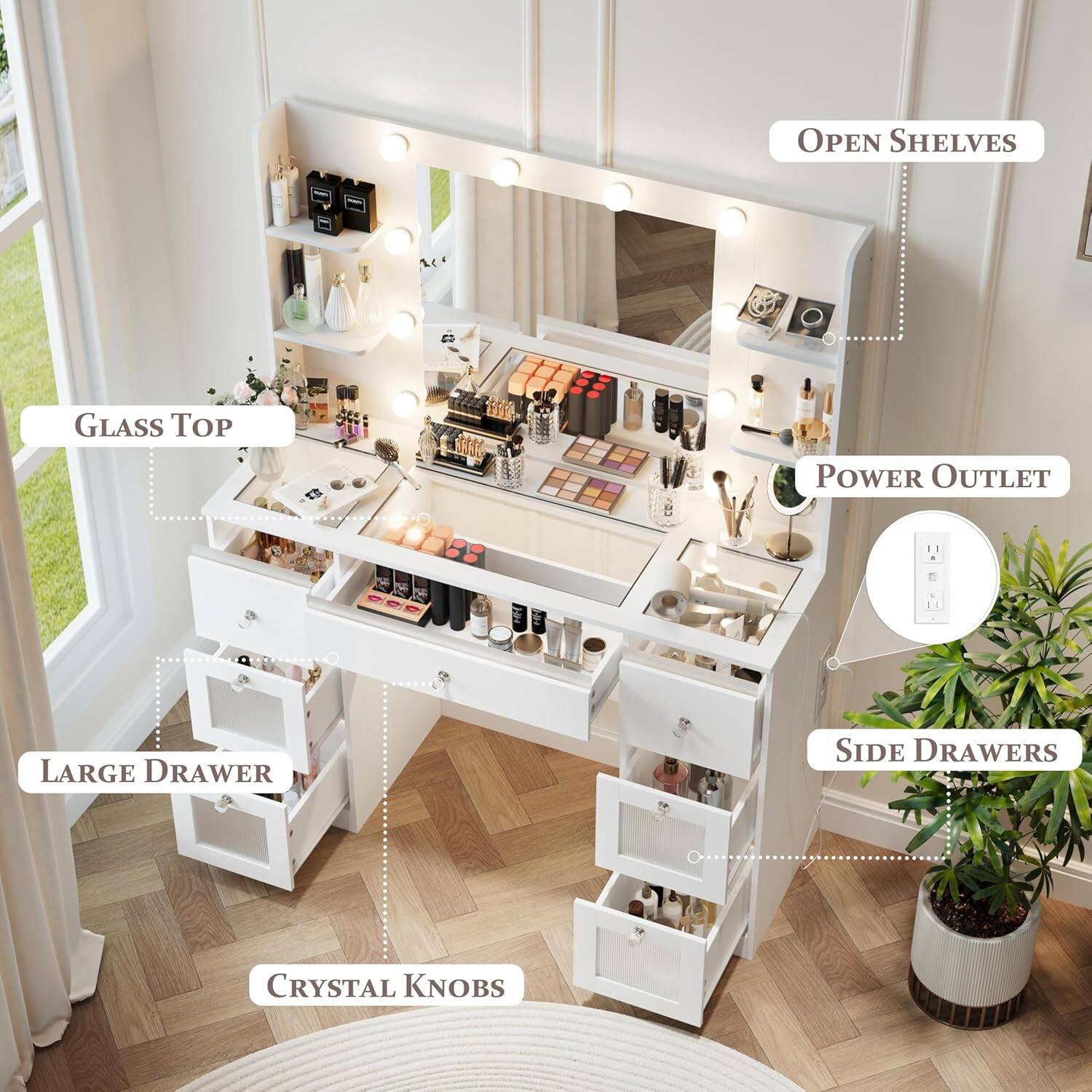 - Open Shelves
- Glass Top
- Power Outlet
- Large Drawer
- Side Drawers
- Crystal Knobs