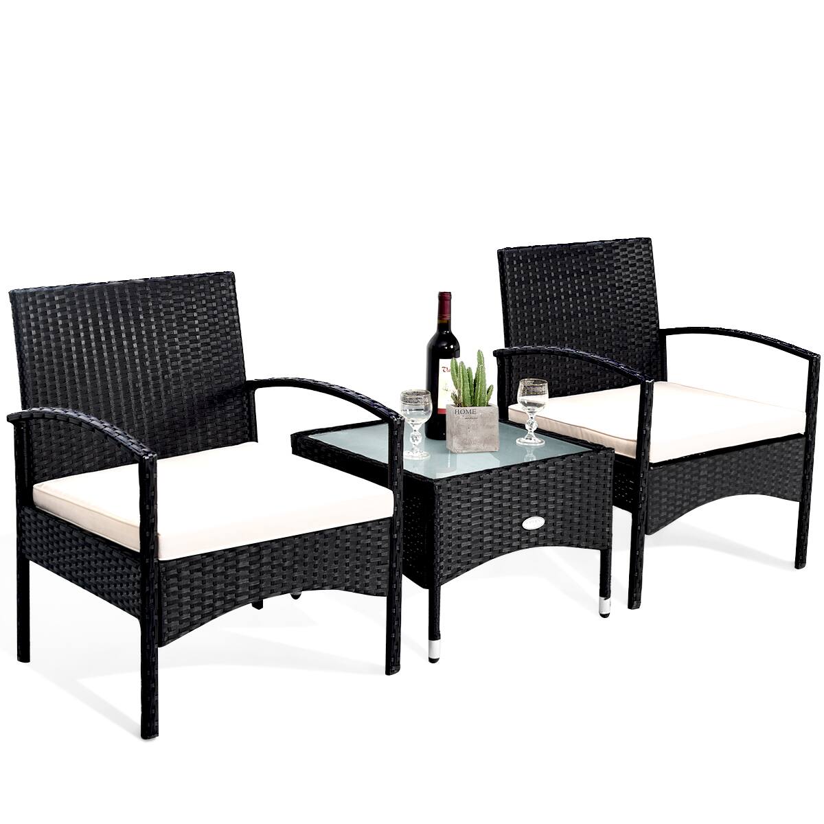Alt View 2. Costway - Costway 3 PCS Furniture Set Table & 2 Chair Patio Wicker Rattan W/Cushion - Black.