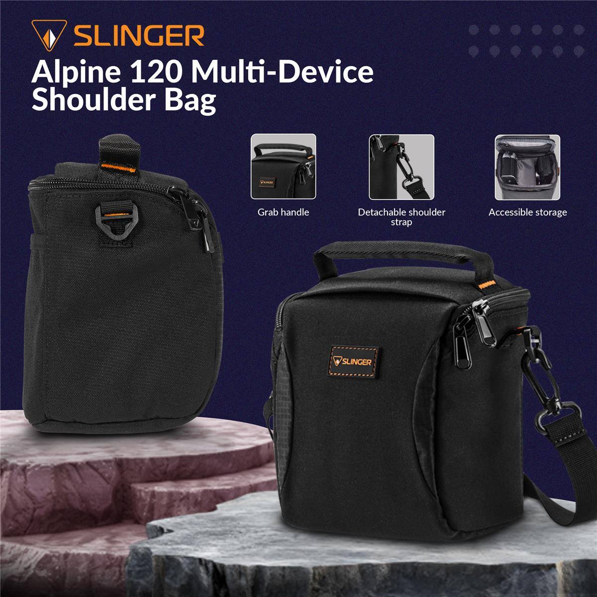SLINGER Alpine 120 Multi-Device Shoulder Bag

- Grab handle
- Detachable shoulder strap
- Accessible storage