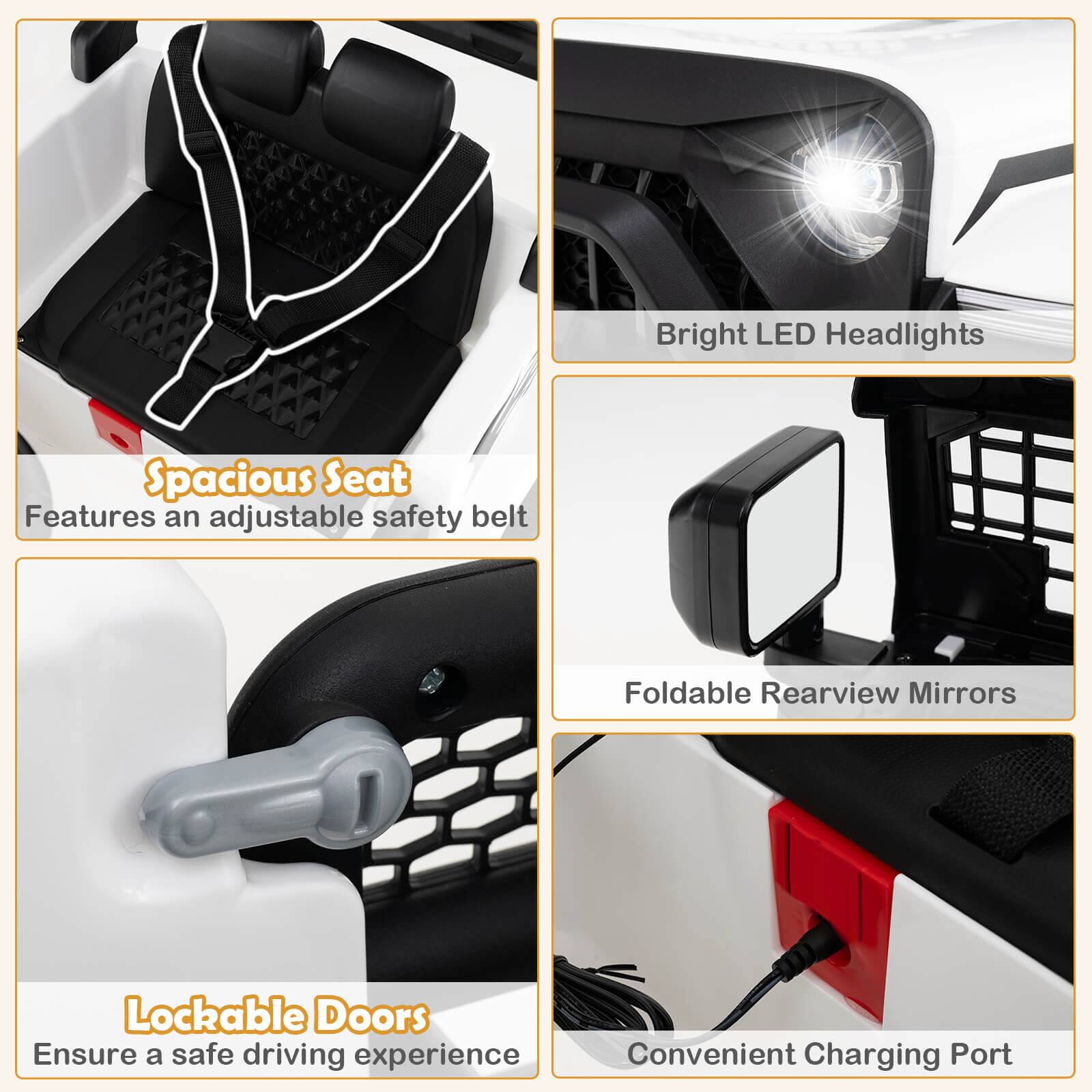 - Spacious Seat  
  Features an adjustable safety belt

- Bright LED Headlights

- Foldable Rearview Mirrors

- Lockable Doors  
  Ensure a safe driving experience

- Convenient Charging Port