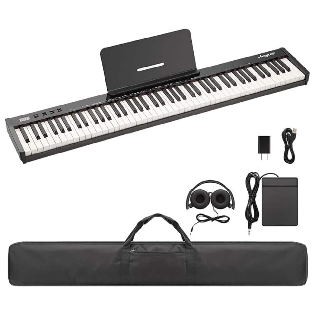 GARVEE - 88 Key Full Size Portable Electronic Keyboard Piano Set Built-in Speakers,Digital Piano - Black and White