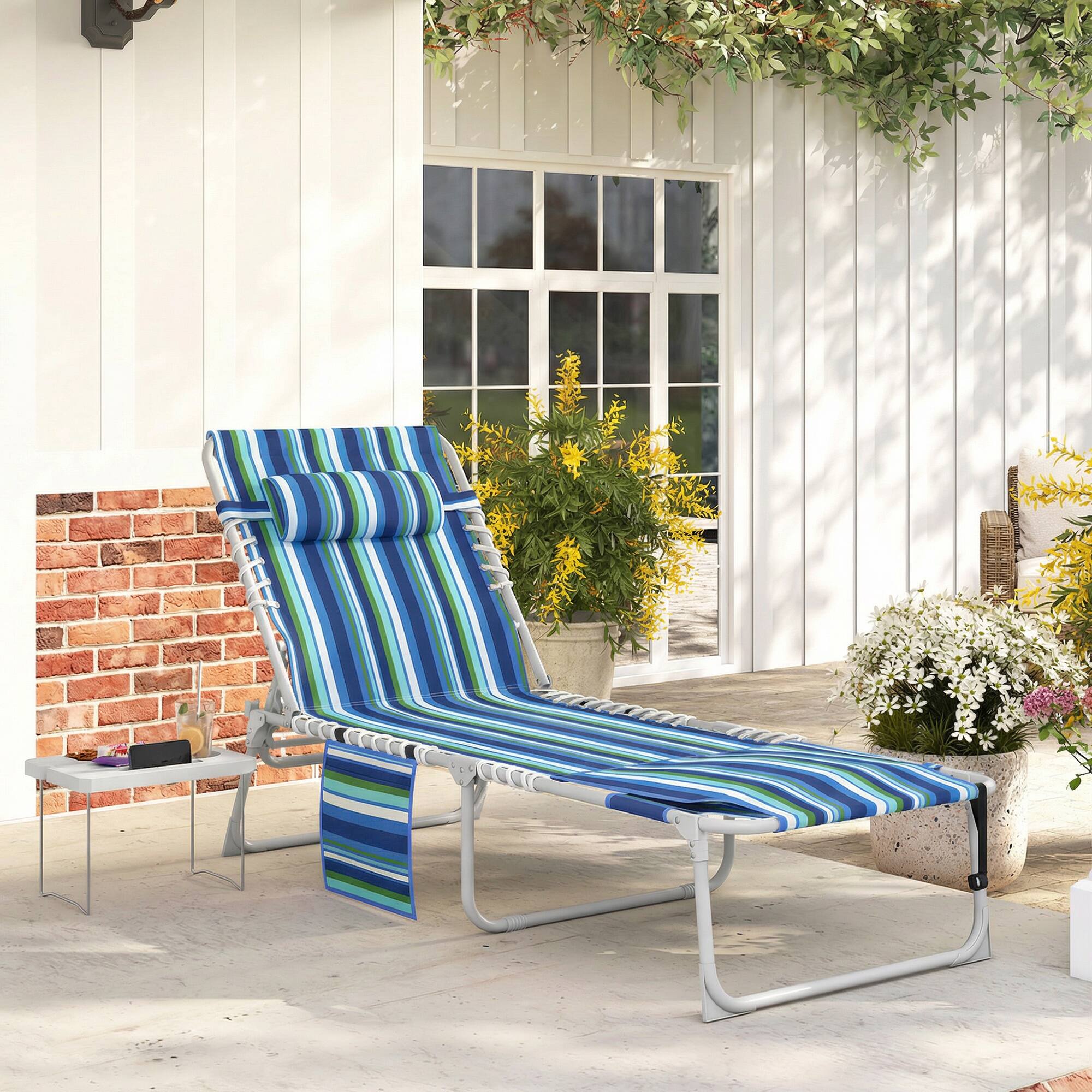Alt View 1. Outsunny - Chair with Face Hole and Side Table, 5-Position Folding Outdoor Chaise Lounge Chair - Blue Stripe.