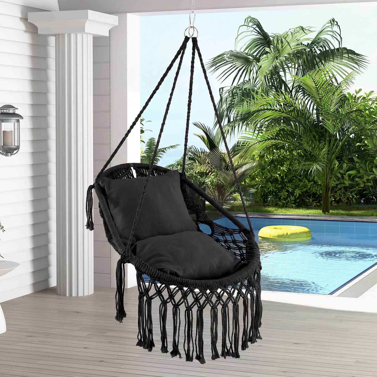 Alt View 1. Costway - Costway Macrame Swing Chair, Hanging Cotton Rope Swing Seat with Soft Seat Cushions - Black.