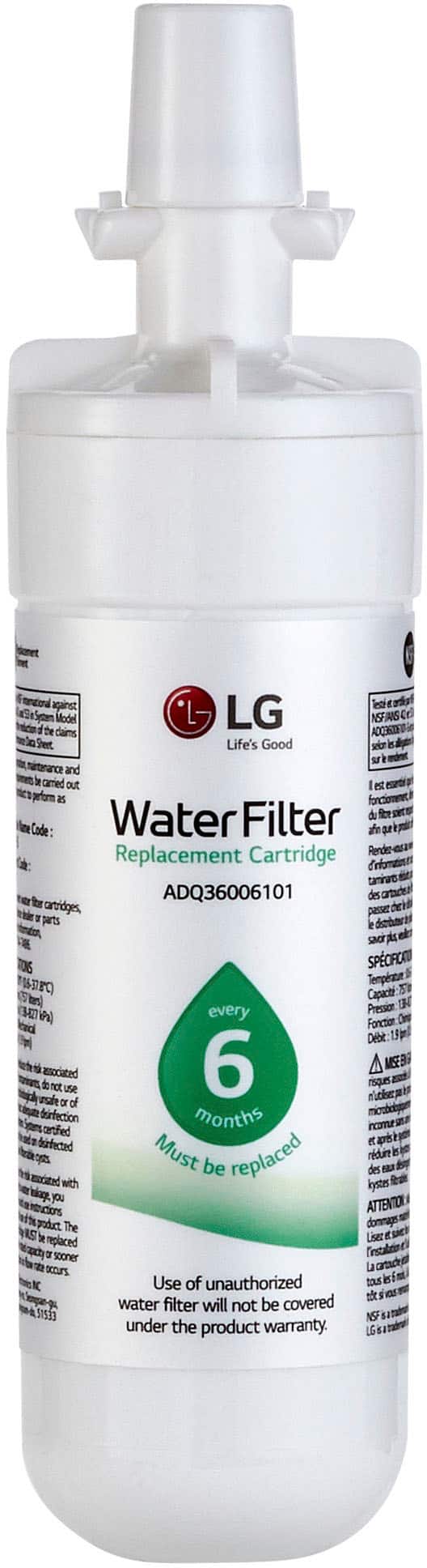 The text on the image is:
"LG Water Filter ADQ36006101. 6 months warranty. Replace with LG Water Filter Cartridge. Certified to reduce chlorine taste and odor. Capacity: 3 months. Function: Sediment, Chlorine, Taste & Odor. Must be replaced with LG Water Filter Cartridge. Attention: Use of unauthorized replacement cartridges will not be covered under the product warranty. LG Water Filter ADQ36006101."