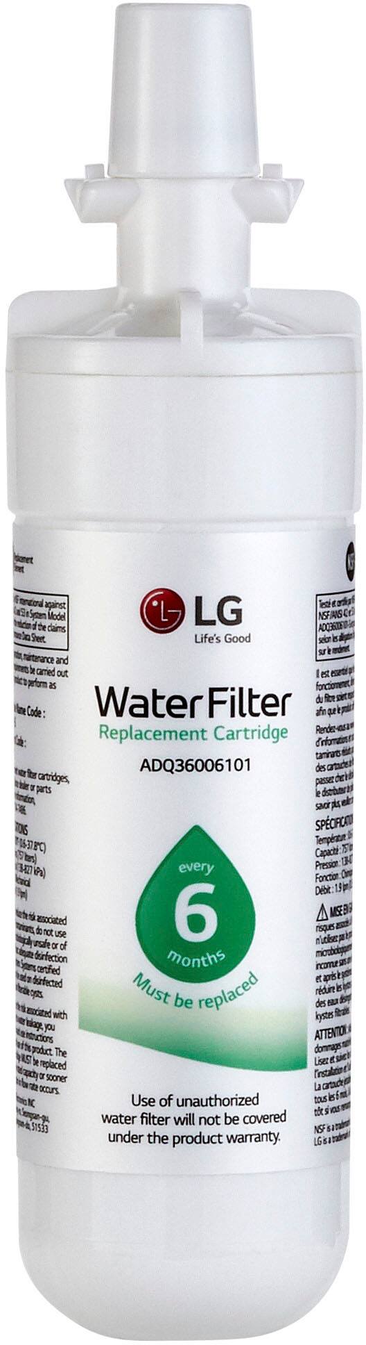 The text on the image is:

"LG Water Filter ADQ36006101. 6 months warranty. Replace with LG Water Filter Cartridge. Certified to reduce chlorine taste and odor. Capacity: 3 months. Function: Sediment, Chlorine, Taste & Odor. Must be replaced with LG Water Filter Cartridge. Attention: Use of unauthorized replacement cartridges will not be covered under the product warranty. LG Water Filter ADQ36006101."