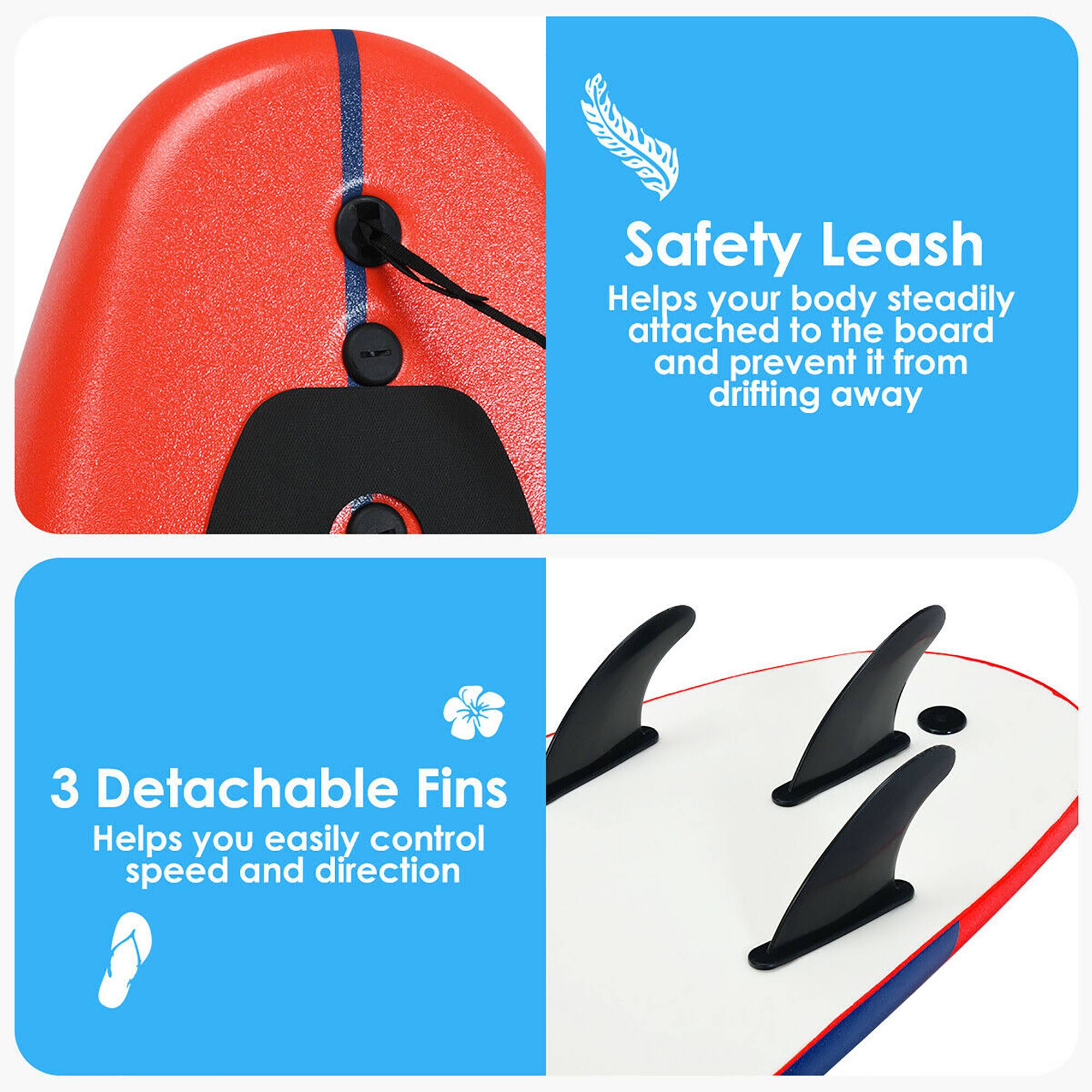 Safety Leash  
Helps your body steadily attached to the board and prevent it from drifting away  

3 Detachable Fins  
Helps you easily control speed and direction