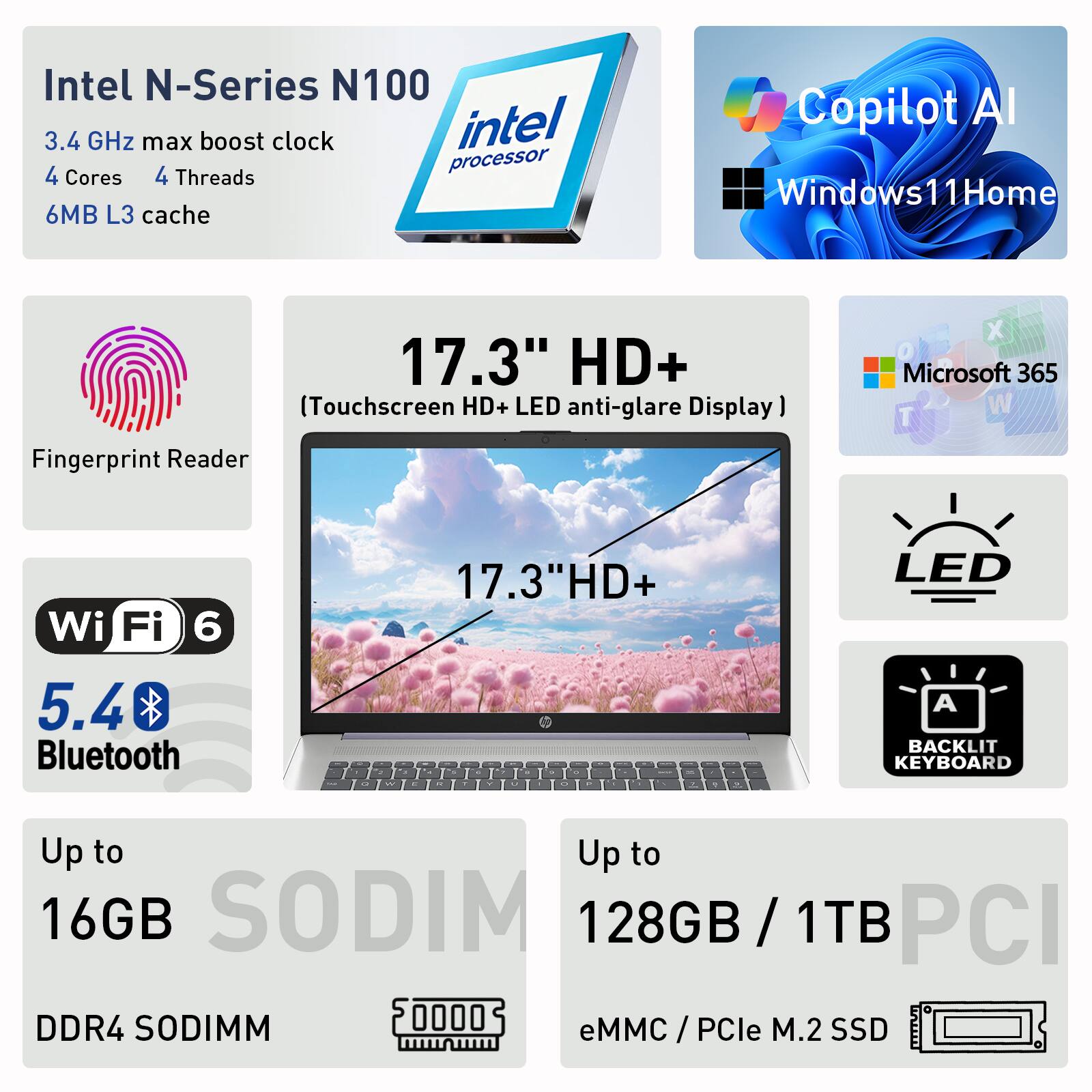 Intel N-Series N100 3.4 GHz max boost clock intel processor 4 Cores 4 Threads 6MB L3 cache Copilot AI Windows 11 Home 17.3" HD+ (Touchscreen HD+ LED anti-glare Display) Fingerprint Reader x Microsoft 365 Wi-Fi 6 5.4 Bluetooth - 17.3" HD+ LED BACKLIT KEYBOARD Up to 16GB DDR4 SODIMM 128GB / 1TB eMMC / PCIe M.2 SSD