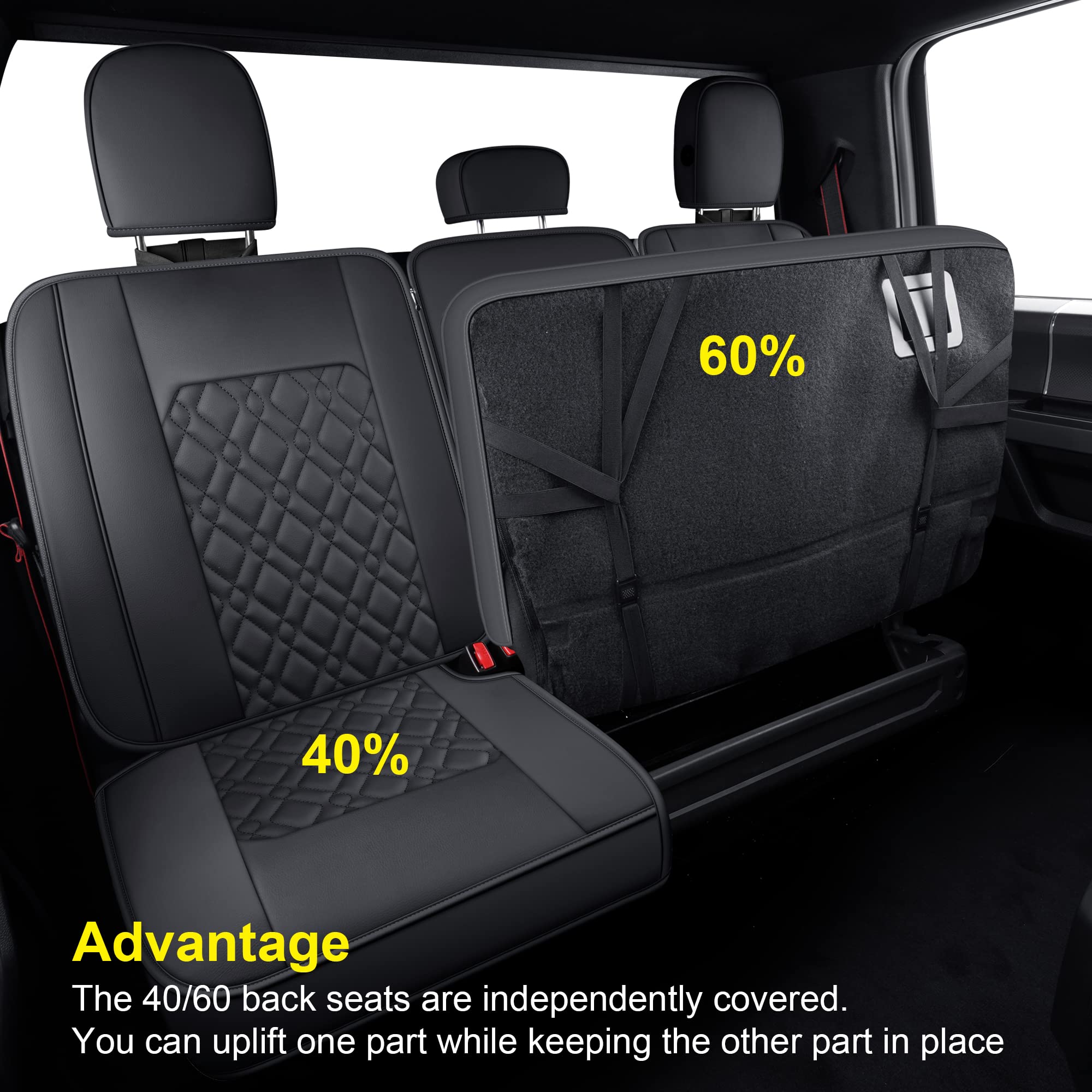 60% 40% Advantage

The 40/60 back seats are independently covered. You can uplift one part while keeping the other part in place.