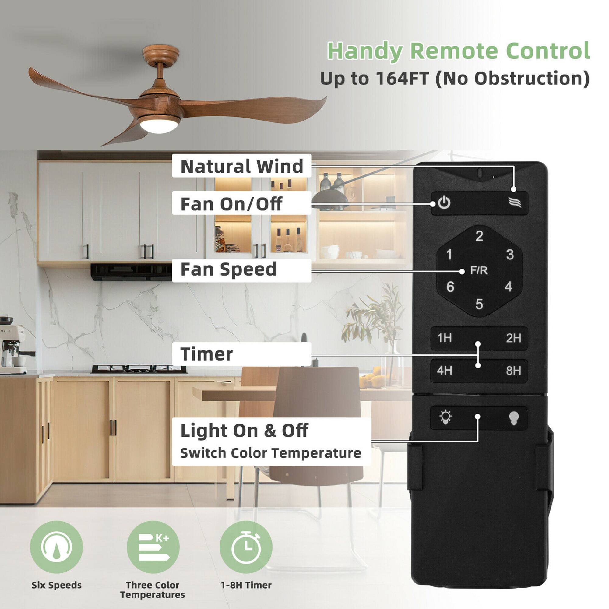 Handy Remote Control Up to 164FT (No Obstruction) Natural Wind Fan On/Off Fan Speed 1 6 2 F/R 5 3 4 Timer 1H 4H 2H 8H Light On & Off Switch Color Temperature K+ L Six Speeds Three Color Temperatures 1-8H Timer