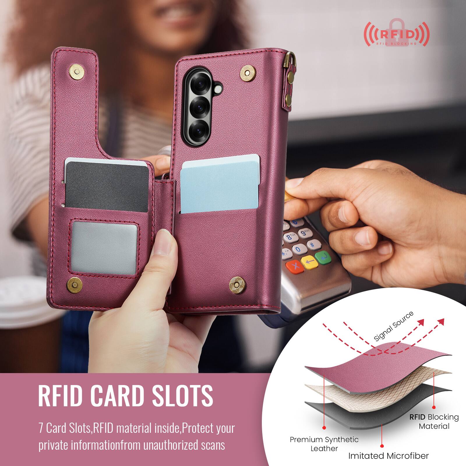 RFID RFID BLOCKING

top 9 8 # 0 E,   X
Source Signal

RFID CARD SLOTS 7 Card Slots, RFID material inside, Protect your private information from unauthorized scans

RFID Blocking Material Premium Synthetic Leather Imitated Microfiber