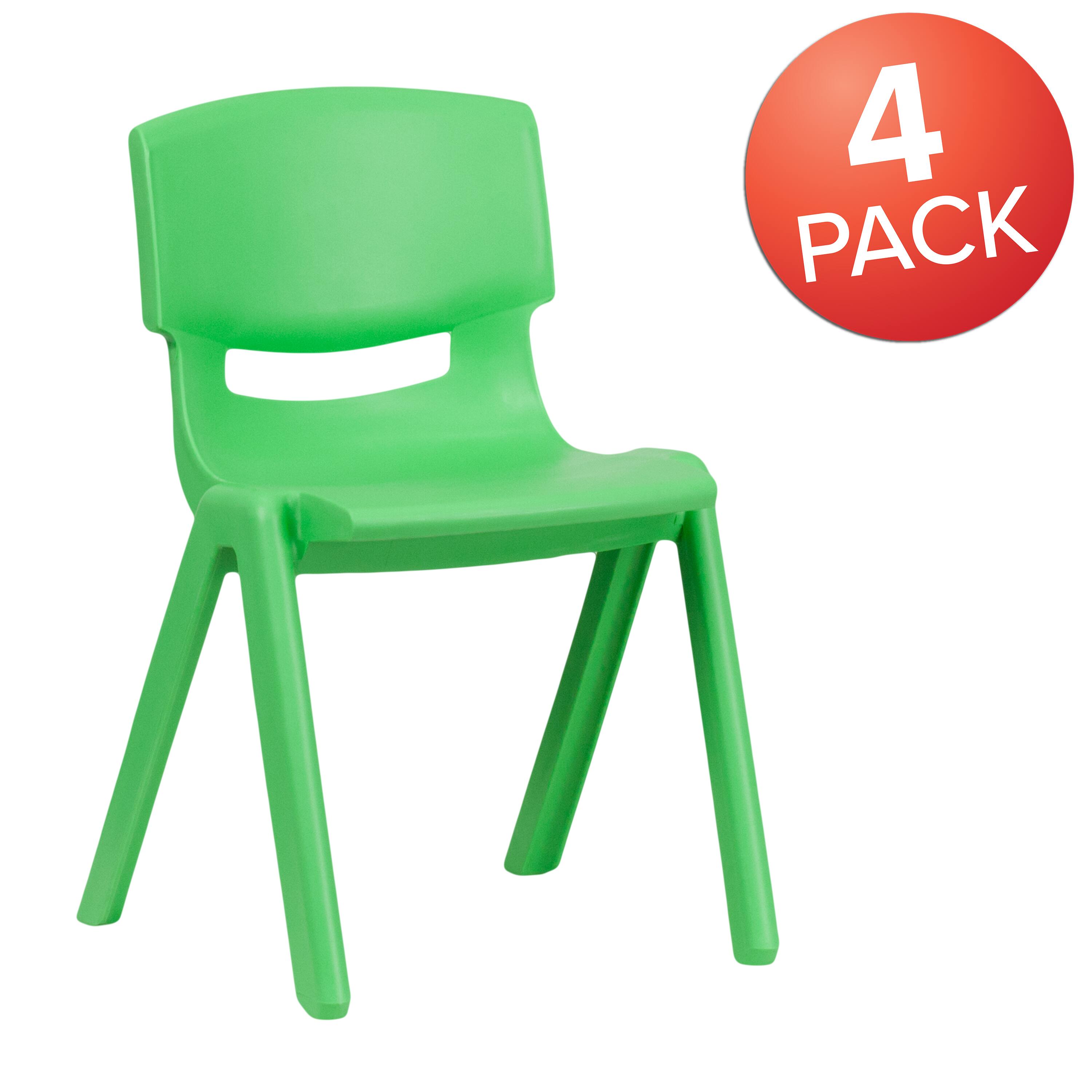 Angle. Flash Furniture - Whitney 4 Pack Green Plastic Stackable School Chair with 13.25'' Seat Height - Green.