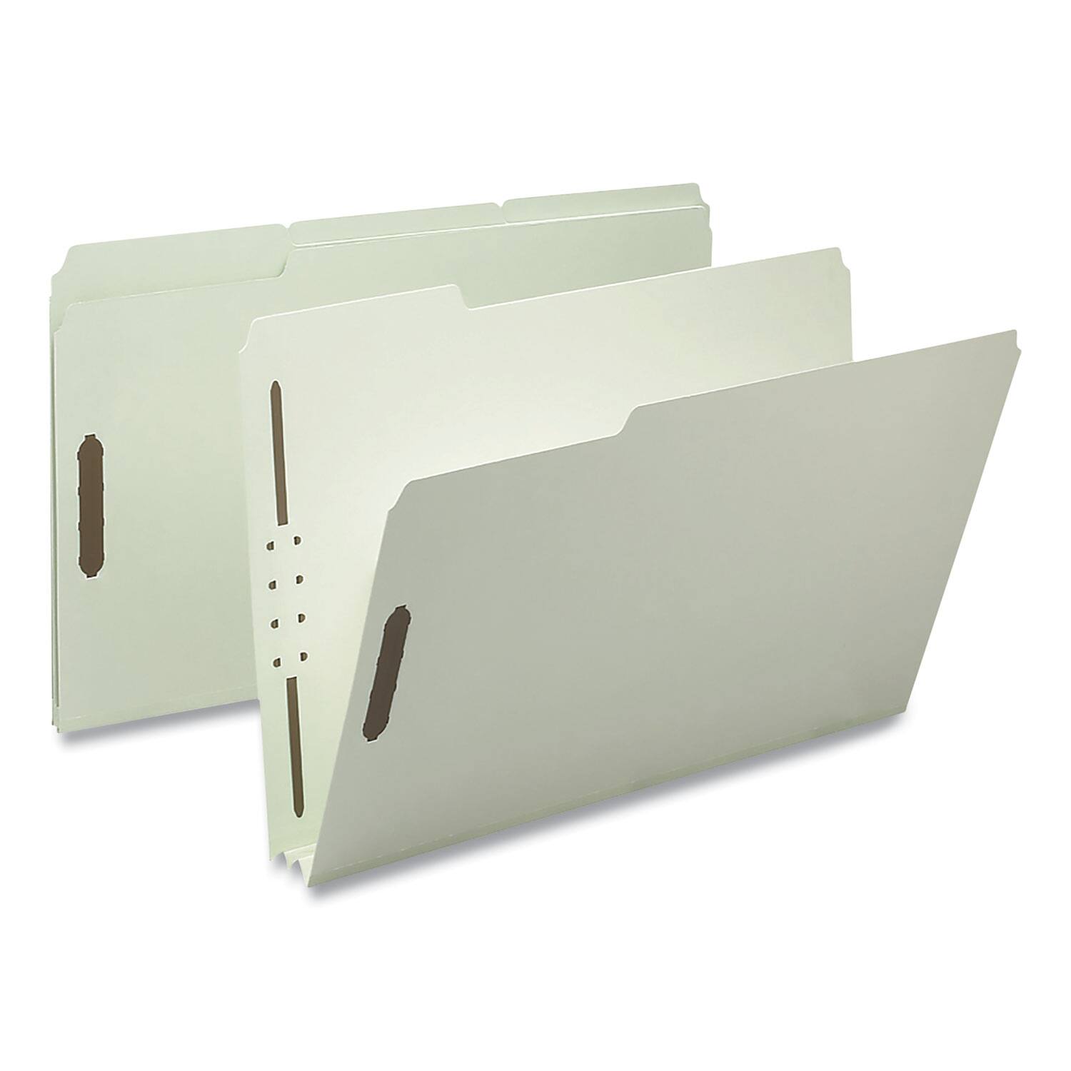 Angle. Smead Manufacturing - Recycled Pressboard Fastener Folders, 3" Expansion, 2 Fasteners, Legal Size, Gray-Green Exterior, 25/Box.