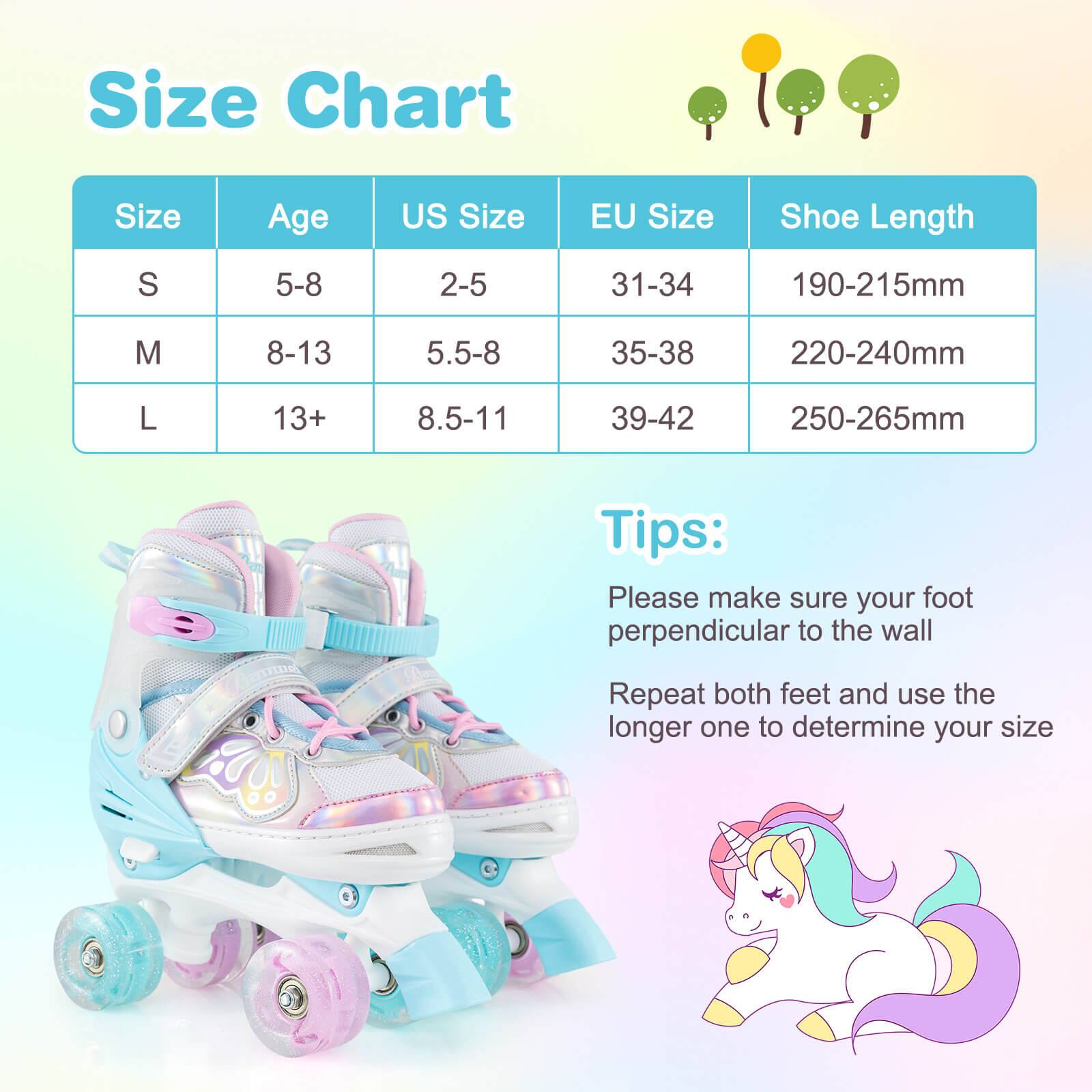 **Size Chart**

| Size | Age  | US Size | EU Size | Shoe Length |
|------|------|--------|--------|------------|
| S    | 5-8  | 2-5    | 31-34  | 190-215mm   |
| M    | 8-13 | 5.5-8  | 35-38  | 220-240mm   |
| L    | 13+  | 8.5-11 | 39-42  | 250-265mm   |

**Tips:**

- Please make sure your foot perpendicular to the wall
- Repeat both feet and use the longer one to determine your size