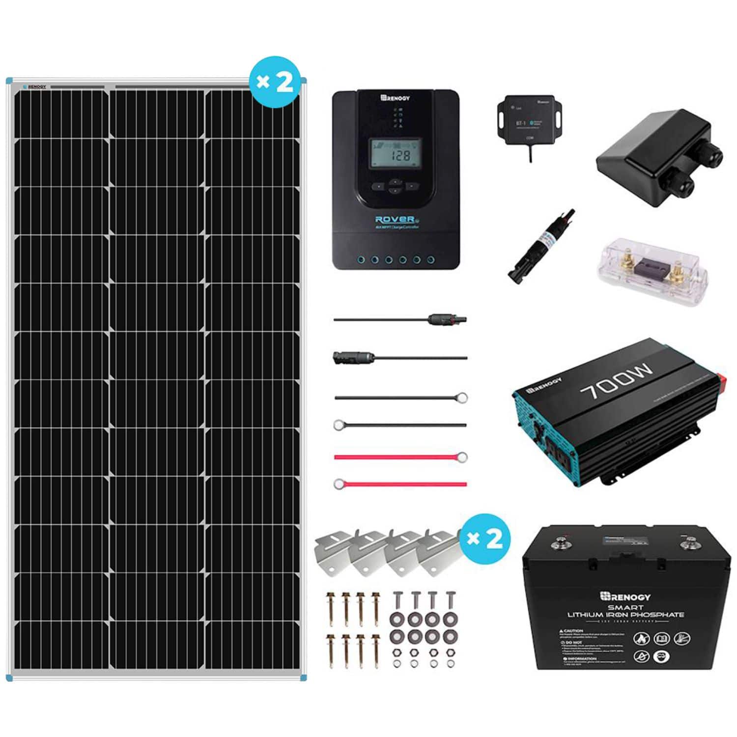Renogy - Mountable Solar Panel Kit (Inverter, 100W Panel x2, 100ah Lithium Ion Battery & Accy's) - Black