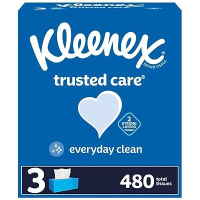 Kleenex  
Trusted Care  
Brand Tissue  

Everyday Clean  

2 Strong Layers  

3  
480 Total Tissues
