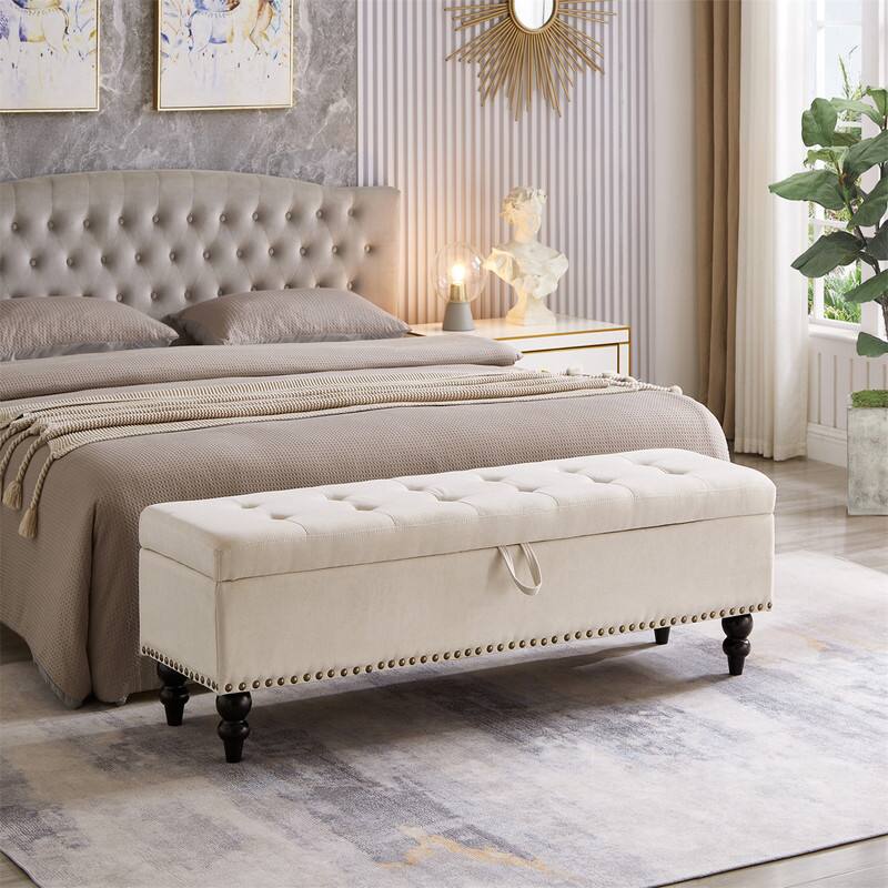 Front. HTUTWOO - 59" Bed Bench Ottoman with Storage -Cotton Linen Upholstered Bench,Button Tufting Design,Solid Wood Legs,500lbs Capacity - Beige.