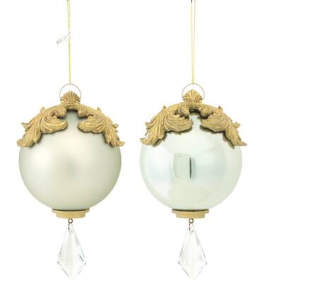 Front. Melrose - Set of 2 White and Gold Raised Acanthus Leaf with Clear Jewel Dangle Christmas Ornament 6.5" - White.