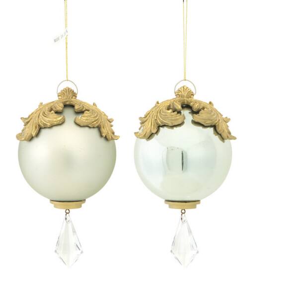 Front. Melrose - Set of 2 White and Gold Raised Acanthus Leaf with Clear Jewel Dangle Christmas Ornament 6.5" - White.