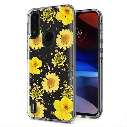 Front. Reiko - Pressed Dried Flower Design Phone Case For Moto E7 Power 2021 In Yellow - Yellow.