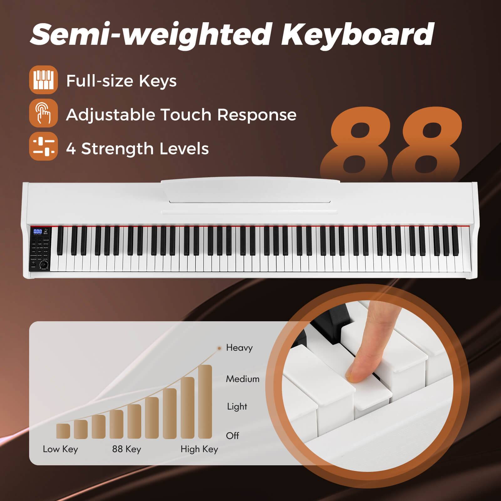 Semi-weighted Keyboard

- Full-size Keys
- Adjustable Touch Response
- 4 Strength Levels

88

- Heavy
- Medium
- Light
- Off

Low Key 88 Key High Key