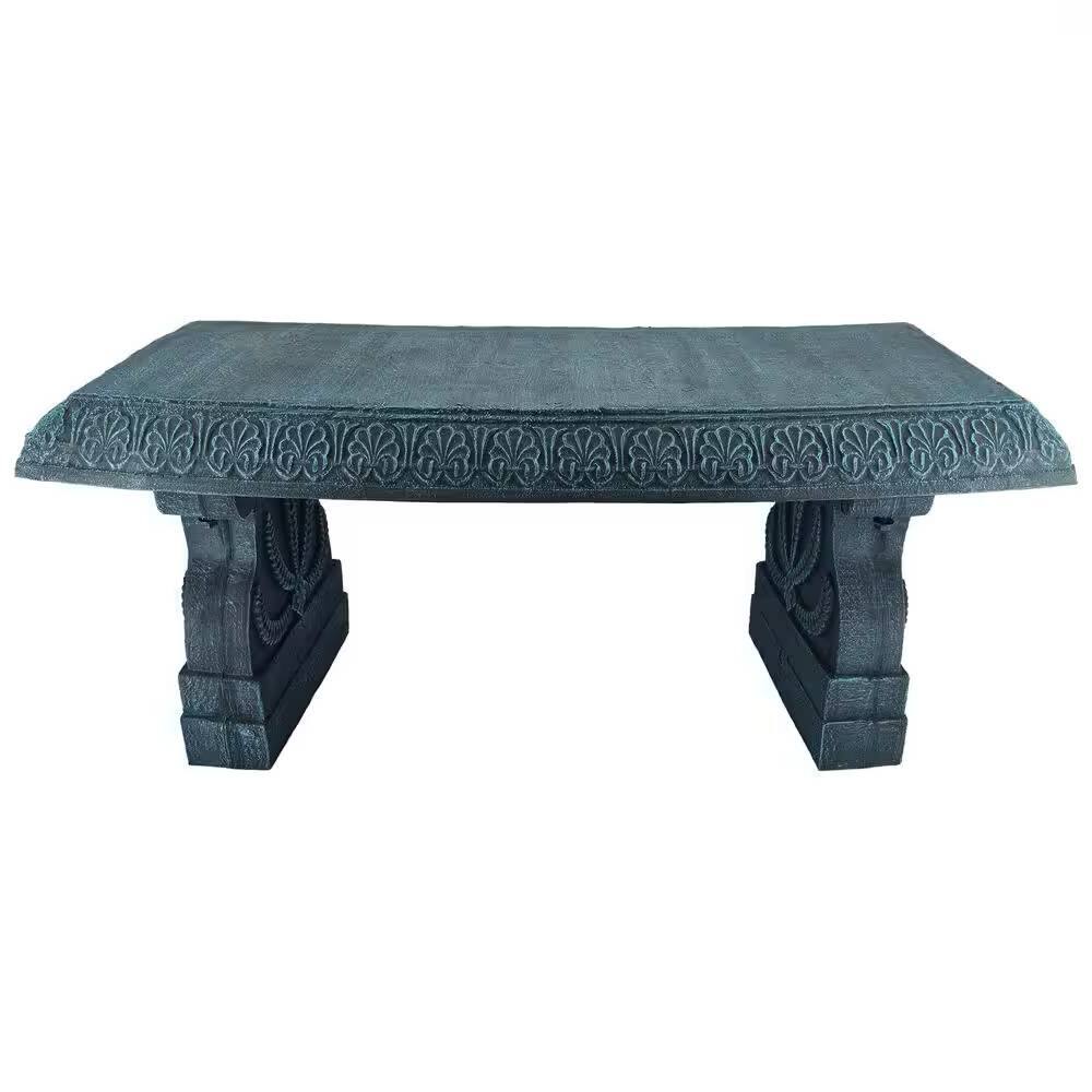 Angle. Hivvago - Black Fiber-Clay Resin Outdoor Garden Bench in Stone Finish - Brushed Teal.