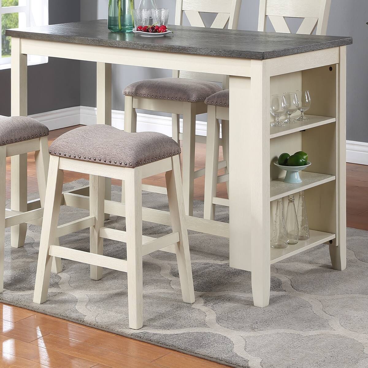 Angle. Loheer - Loheer Counter Height Dining Table with Side Storage Shelves, Off-White Solid Wood, 60 Inches - Off-White.