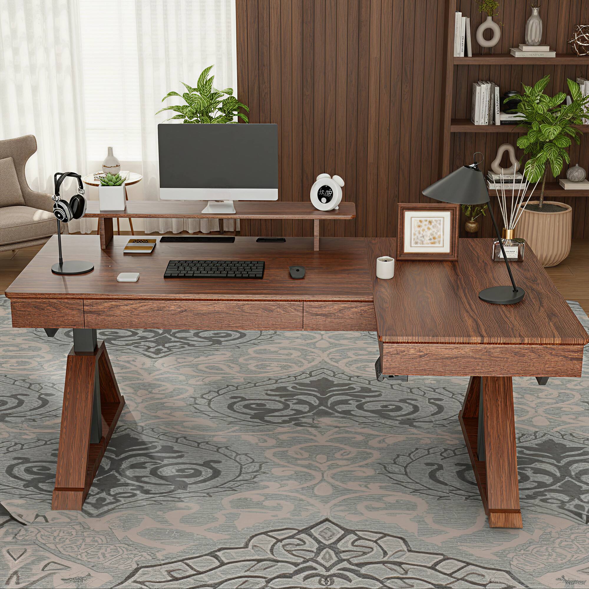 Left. FlexiSpot - Fusion Retro 70" Walnut Veneer Electric Height Adjustable L-Shaped Standing Desk - Walnut.