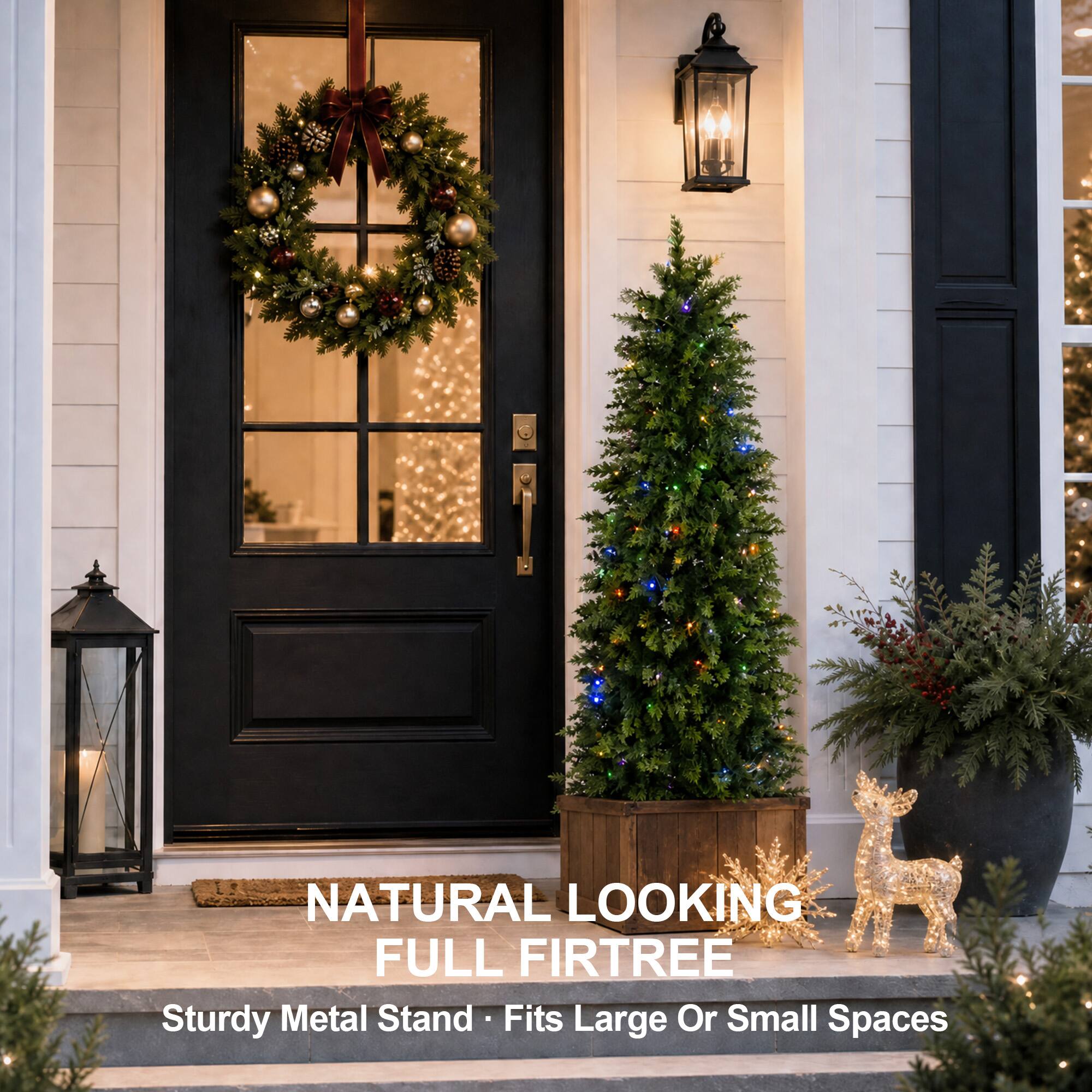 NATURAL LOOKING FULL FIR TREE  
Sturdy Metal Stand - Fits Large Or Small Spaces
