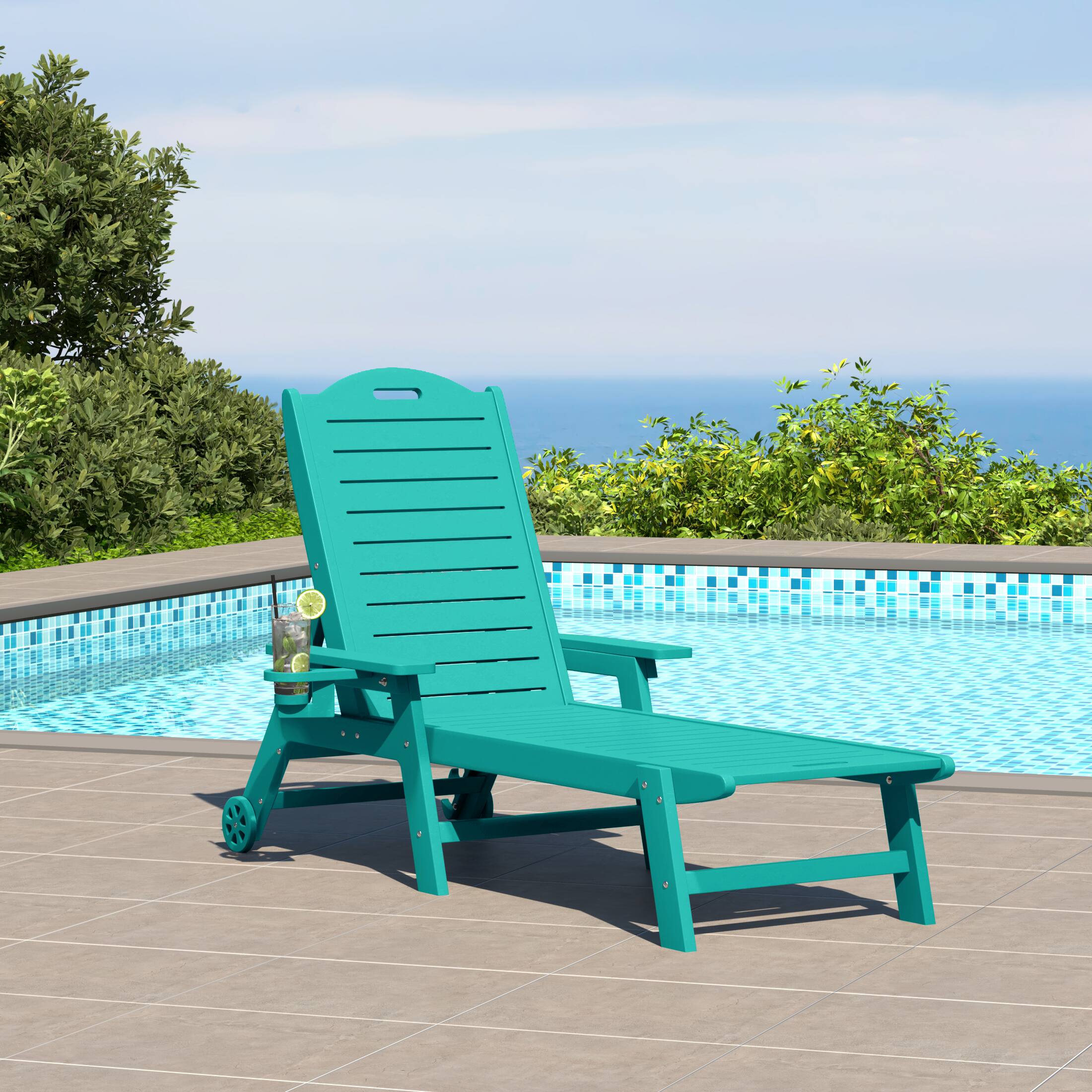 Angle. WestinTrends - WestinTrends Aruba Outdoor HDPE Patio Chaise Lounge With Wheels & Cup Holder - Turquoise.