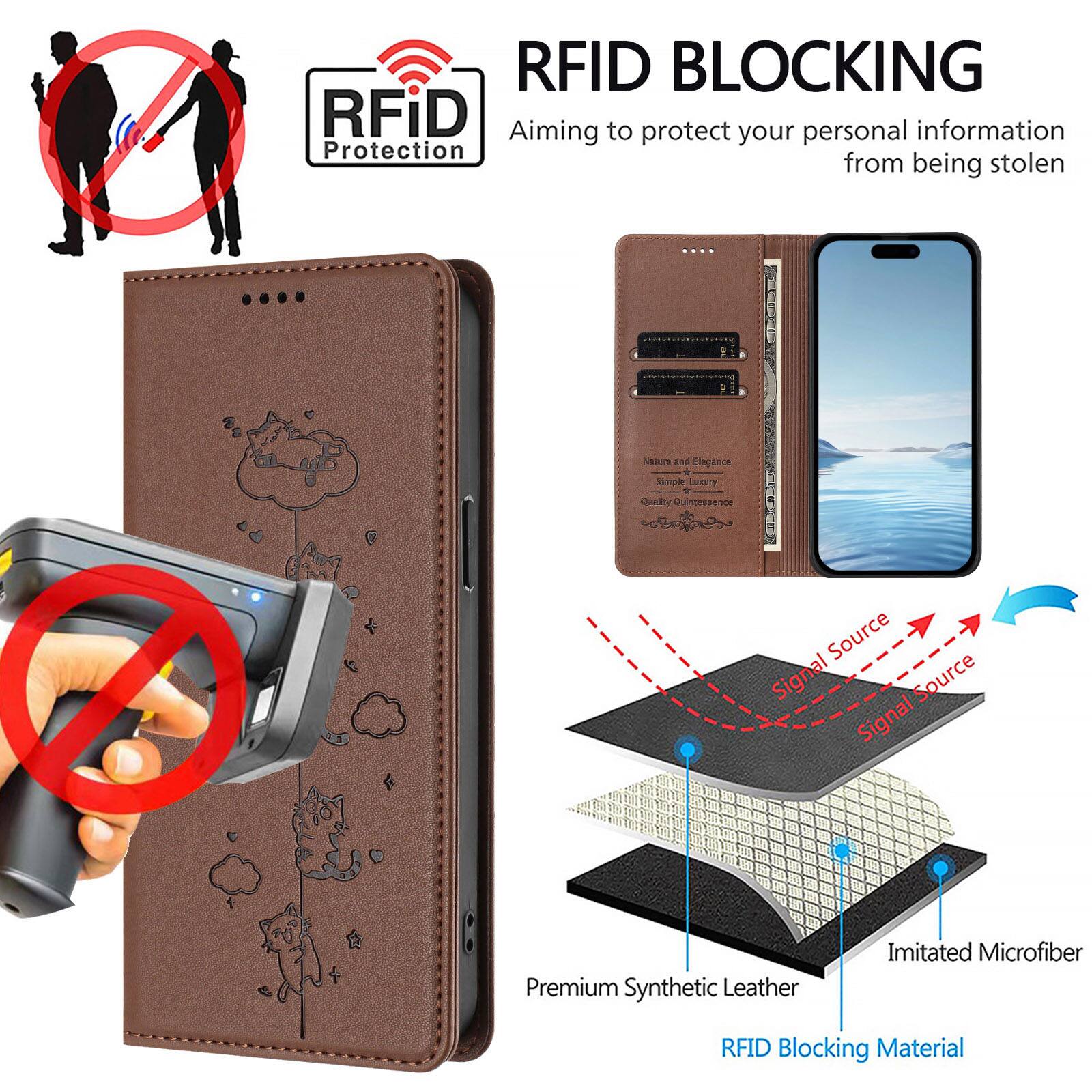 RFID BLOCKING  
Aiming to protect your personal information from being stolen  

RFID Protection  

Premium Synthetic Leather  
Imitated Microfiber  
RFID Blocking Material  

Signal Source  
Signal Source
