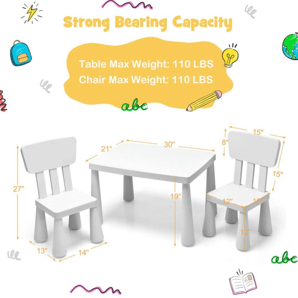 Strong Bearing Capacity  
Table Max Weight: 110 LBS  
Chair Max Weight: 110 LBS  

Dimensions:  
- Table: 30" x 21" x 8"  
- Chair: 15" x 15" x 19"  
- Seat: 12" x 10"  
- Backrest: 27" x 13" x 14"